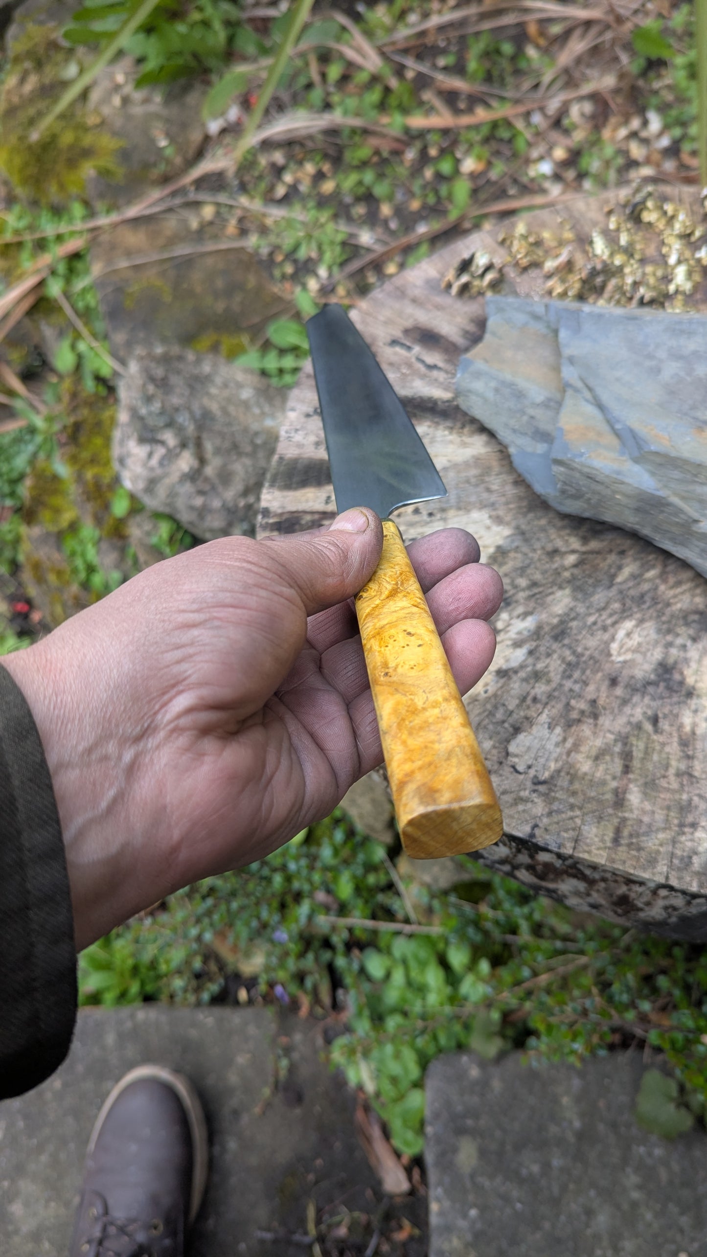Hand Made 195mm Kiritsuke. ApexUltra carbon steel. Ash Burl Handle