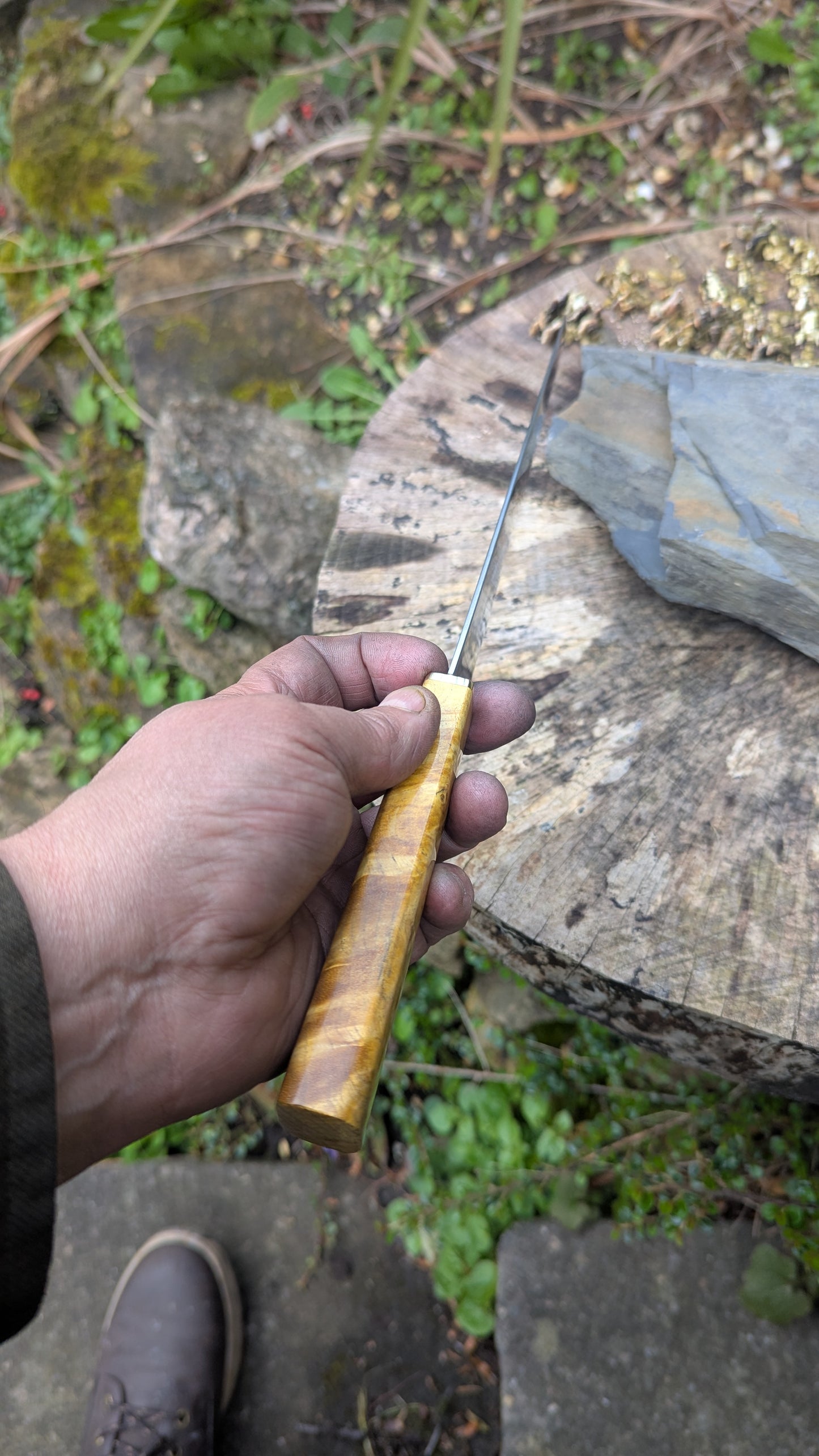 Hand Made 195mm Kiritsuke. ApexUltra carbon steel. Ash Burl Handle