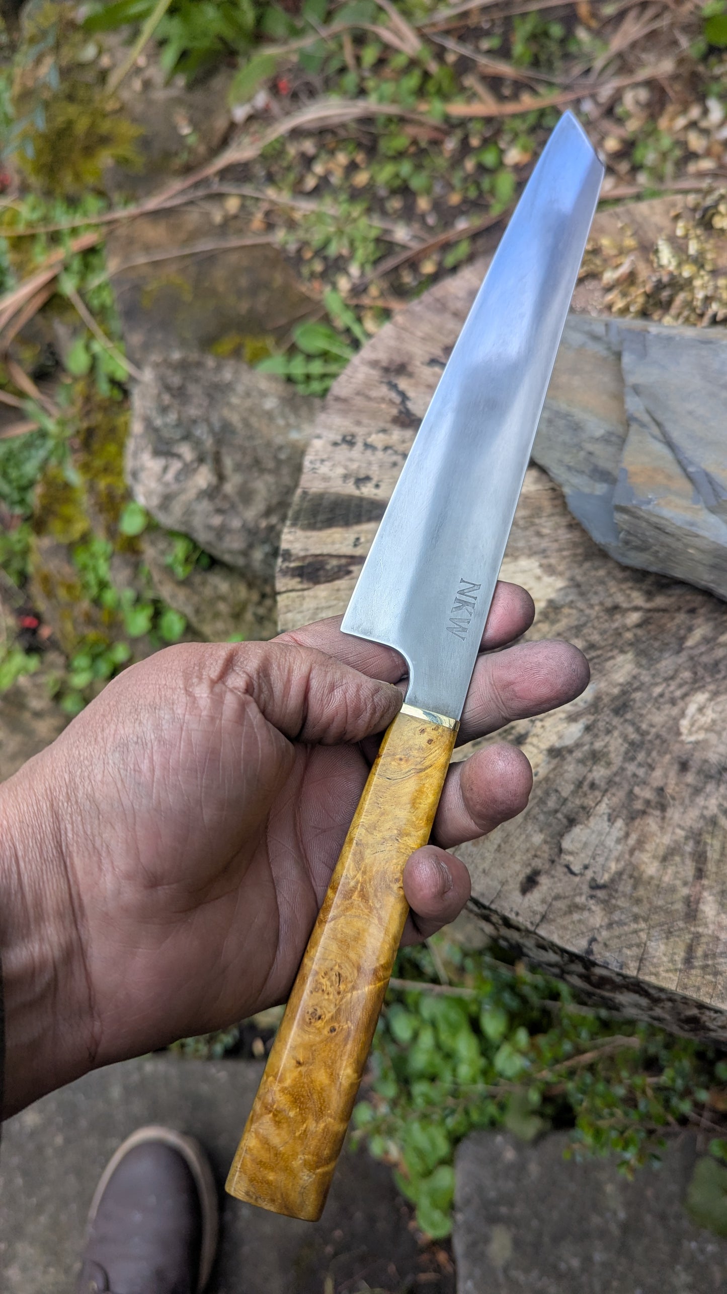 Hand Made 195mm Kiritsuke. ApexUltra carbon steel. Ash Burl Handle