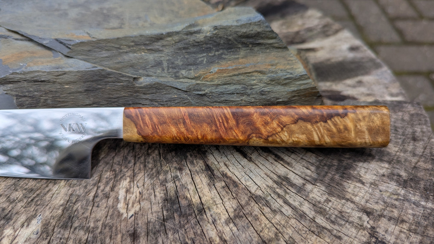 Hand made Utility 170mm Damasteel RWL34 stainless steel. Amboyna Burl Handle