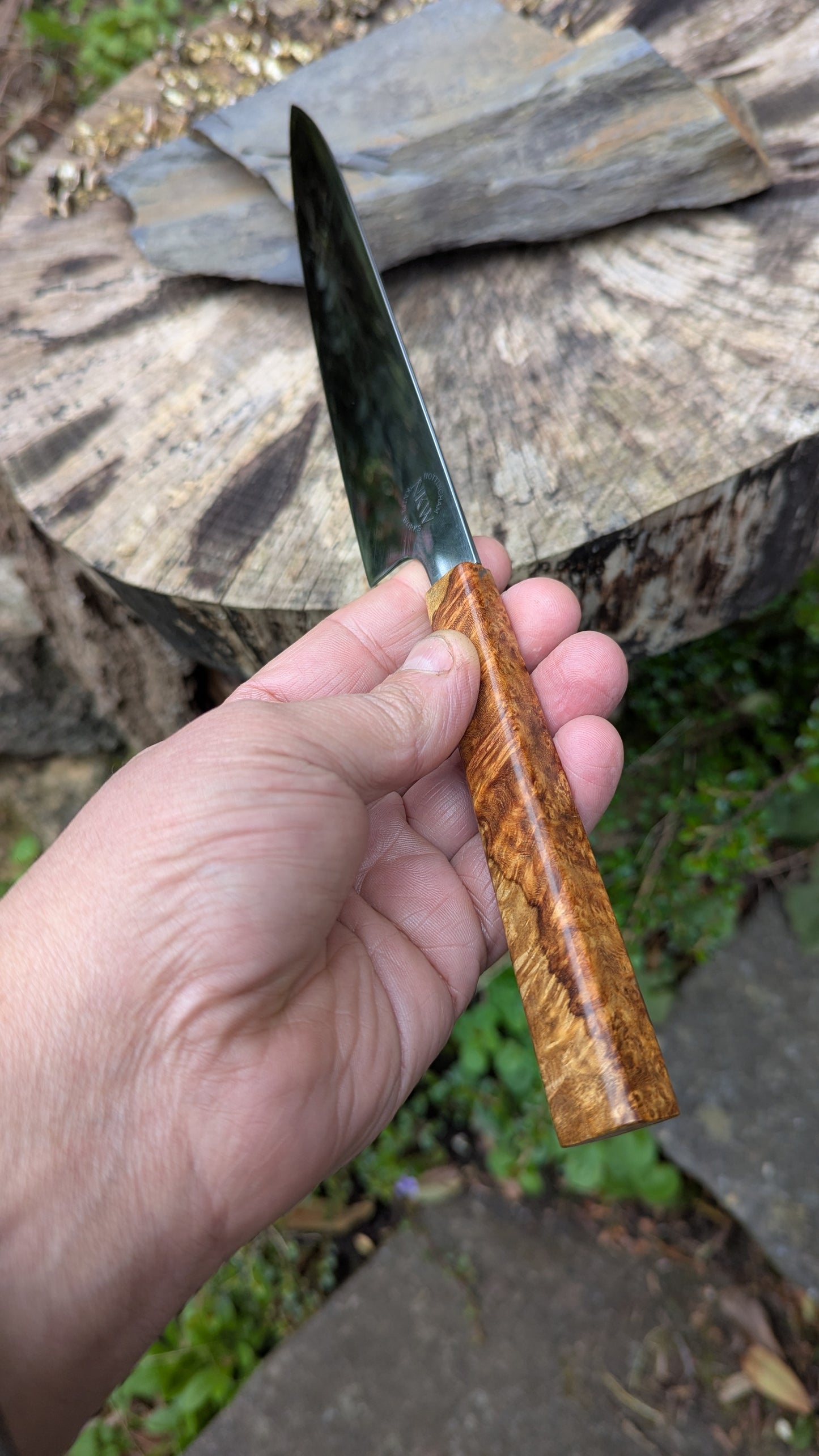 Hand made Utility 170mm Damasteel RWL34 stainless steel. Amboyna Burl Handle