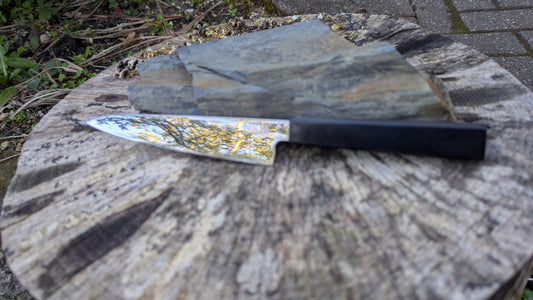 Hand made 145mm Alleima® 10C28Mo2 stainless steel Petty knife. Richlite Black Diamond Handle