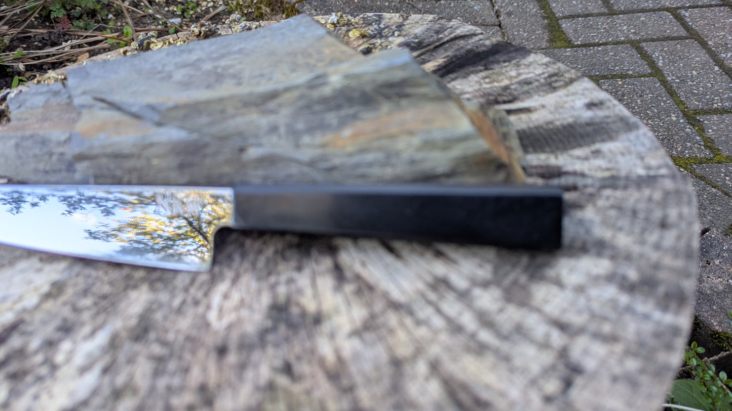 Hand made 145mm Alleima® 10C28Mo2 stainless steel Petty knife. Richlite Black Diamond Handle