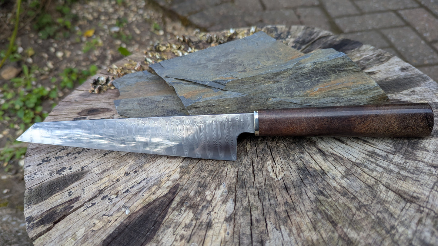 Hand Made 185mm Stainless Damascus San Mai. Burr Elm Wood Handle