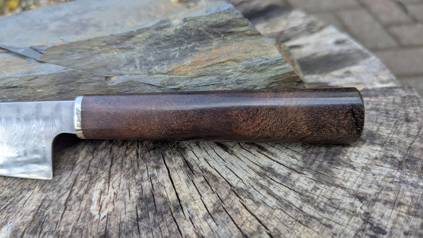 Hand Made 185mm Stainless Damascus San Mai. Burr Elm Wood Handle