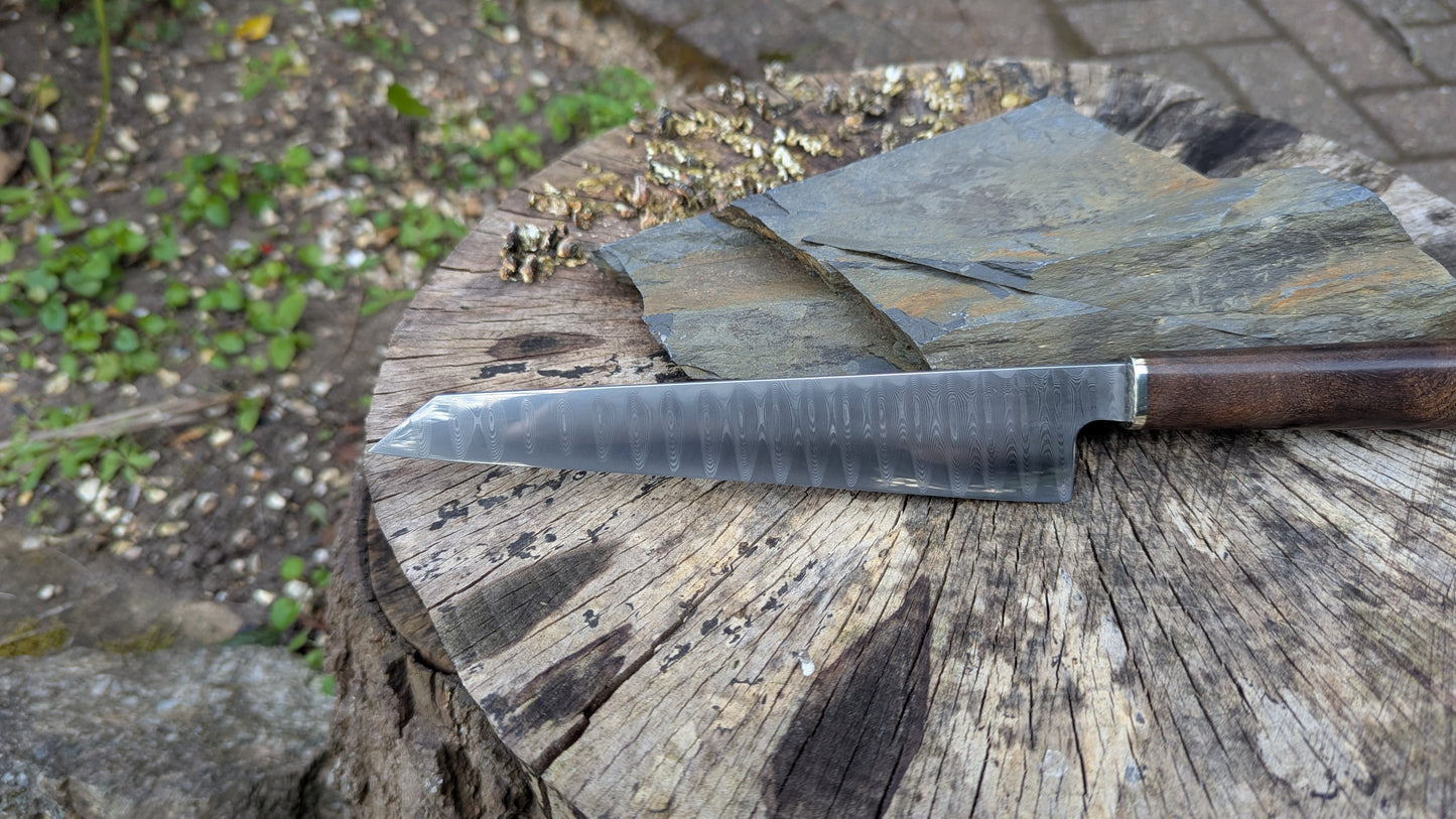 Hand Made 185mm Stainless Damascus San Mai. Burr Elm Wood Handle