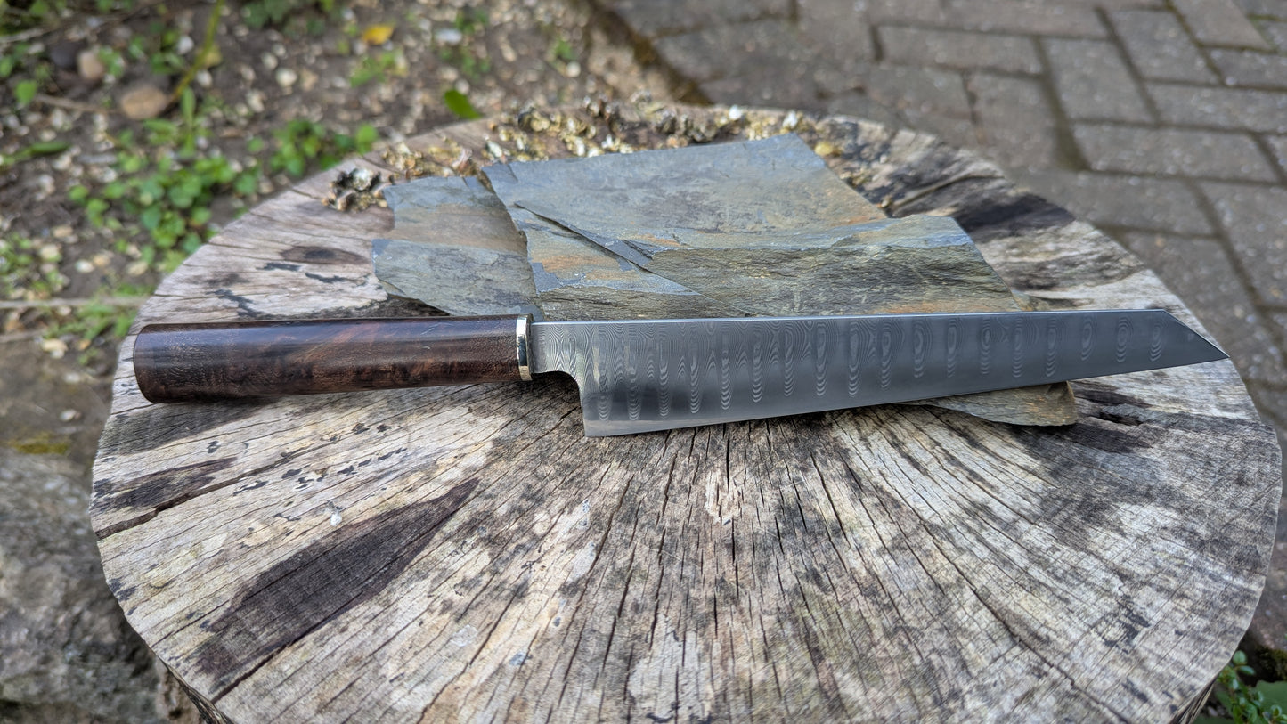Hand Made 185mm Stainless Damascus San Mai. Burr Elm Wood Handle