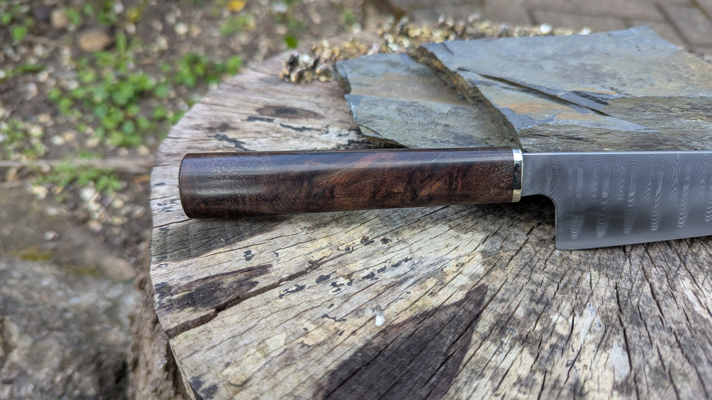 Hand Made 185mm Stainless Damascus San Mai. Burr Elm Wood Handle