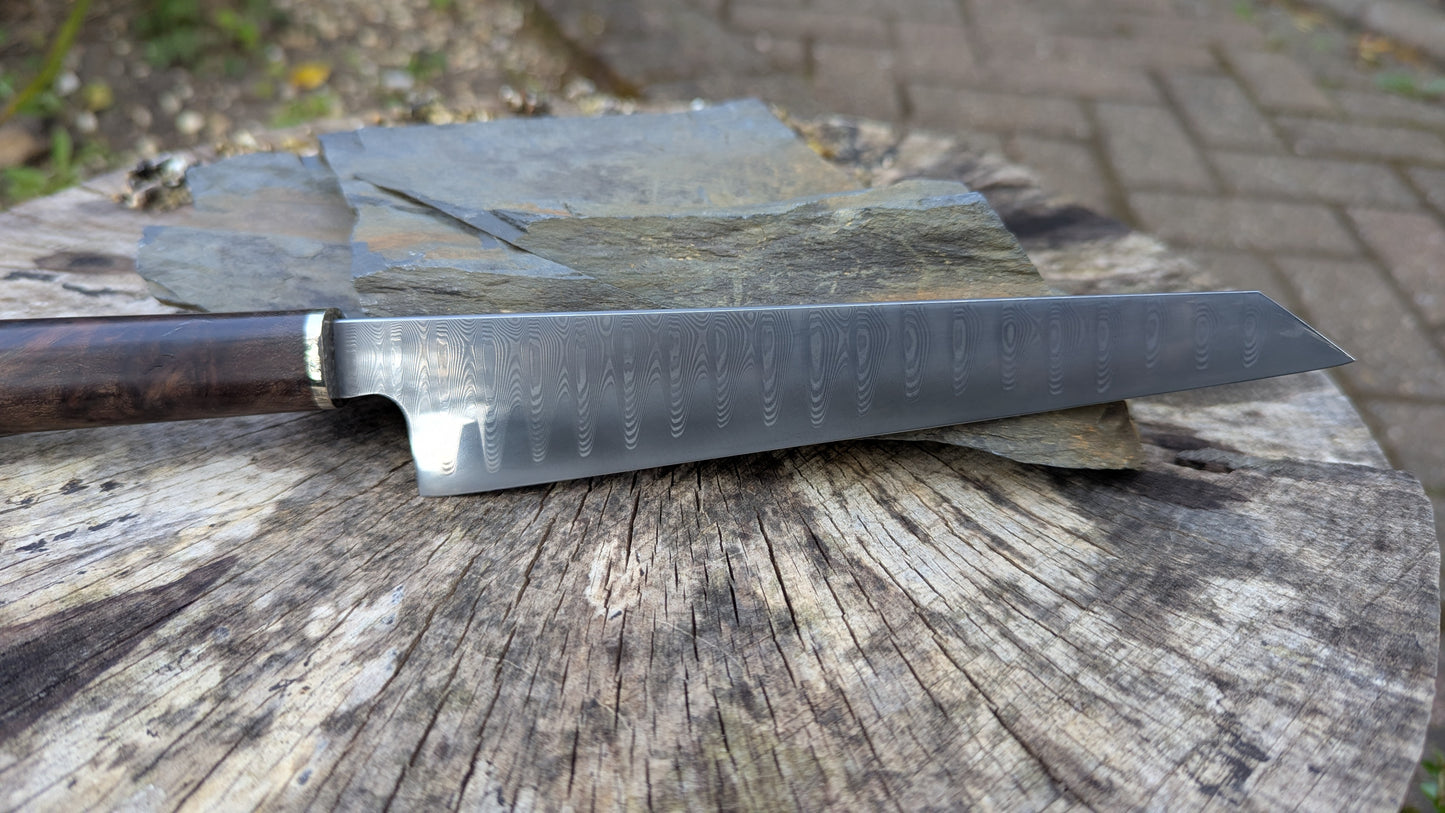 Hand Made 185mm Stainless Damascus San Mai. Burr Elm Wood Handle