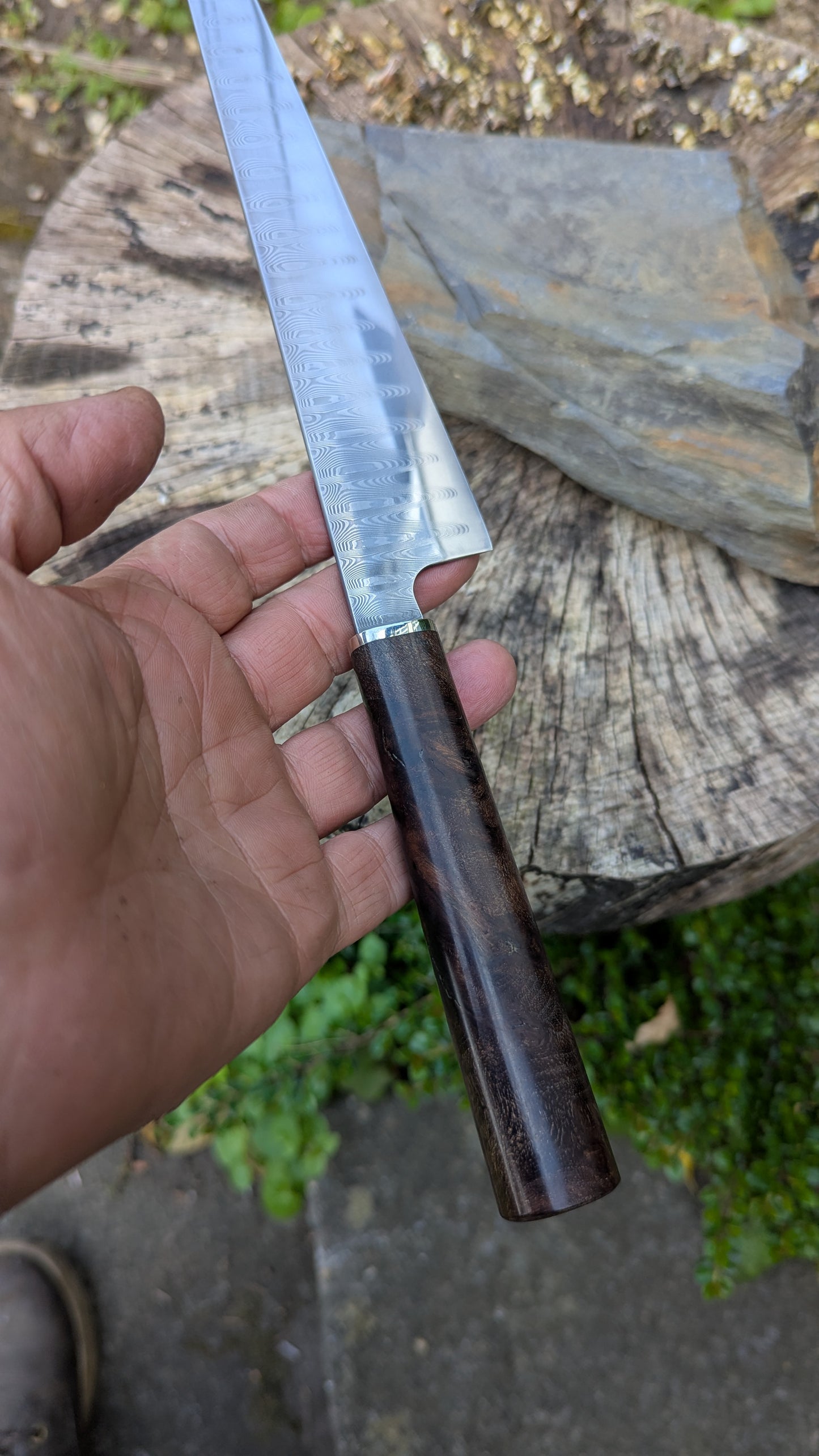 Hand Made 185mm Stainless Damascus San Mai. Burr Elm Wood Handle