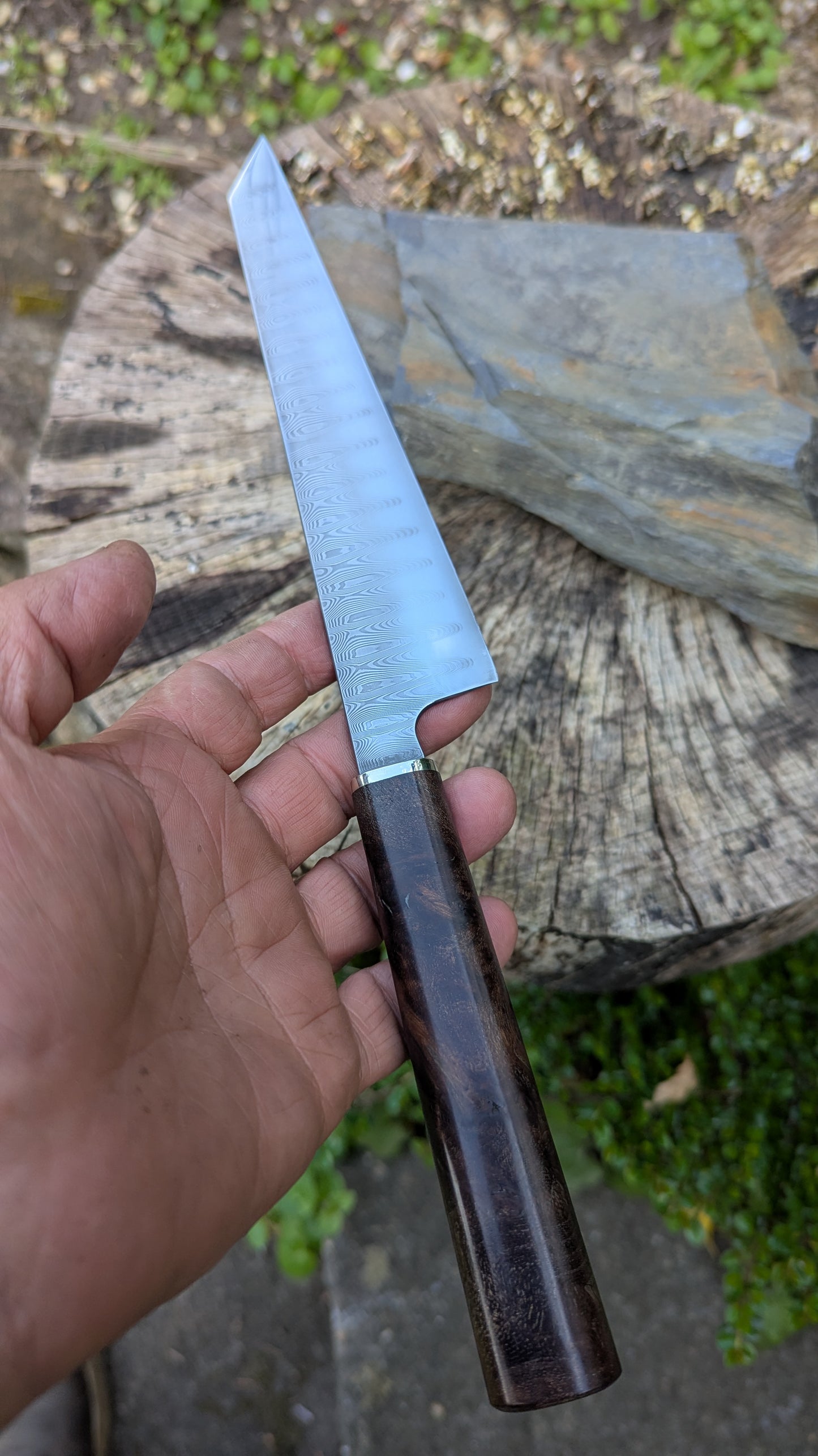 Hand Made 185mm Stainless Damascus San Mai. Burr Elm Wood Handle