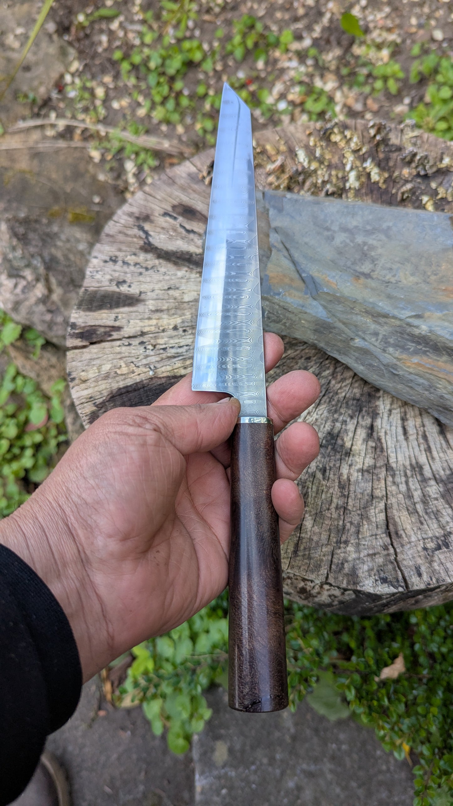 Hand Made 185mm Stainless Damascus San Mai. Burr Elm Wood Handle