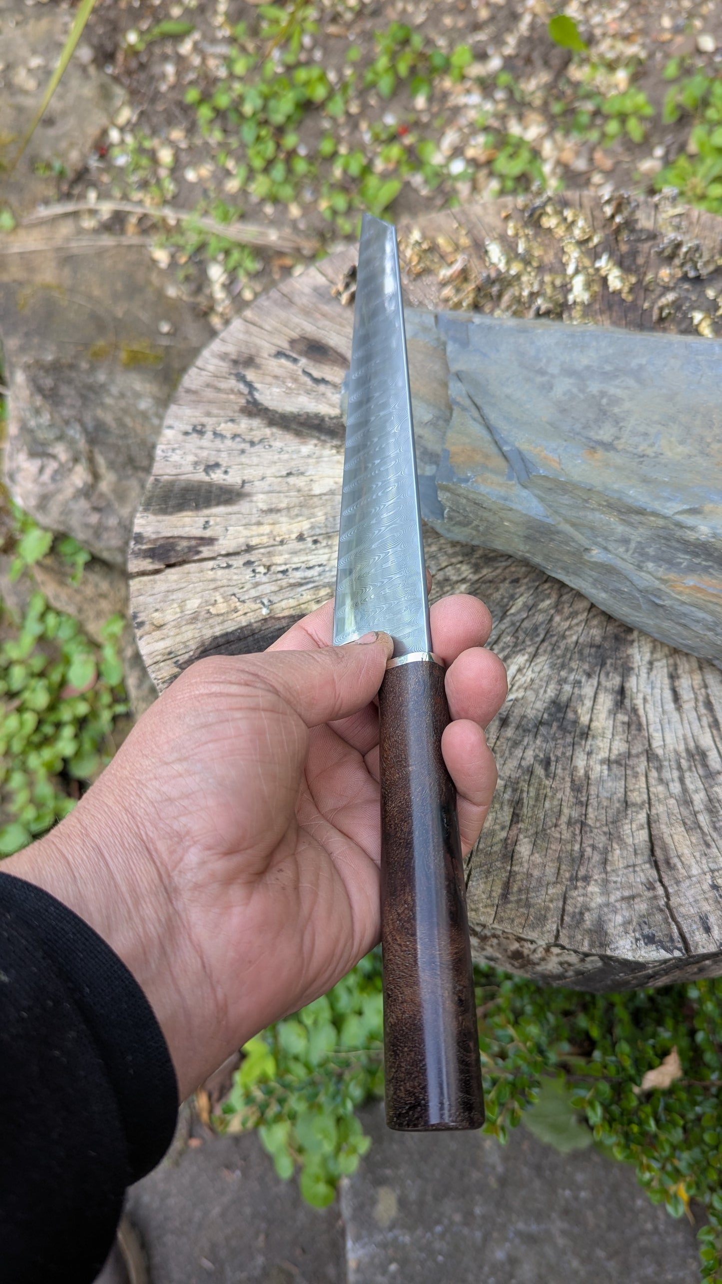 Hand Made 185mm Stainless Damascus San Mai. Burr Elm Wood Handle