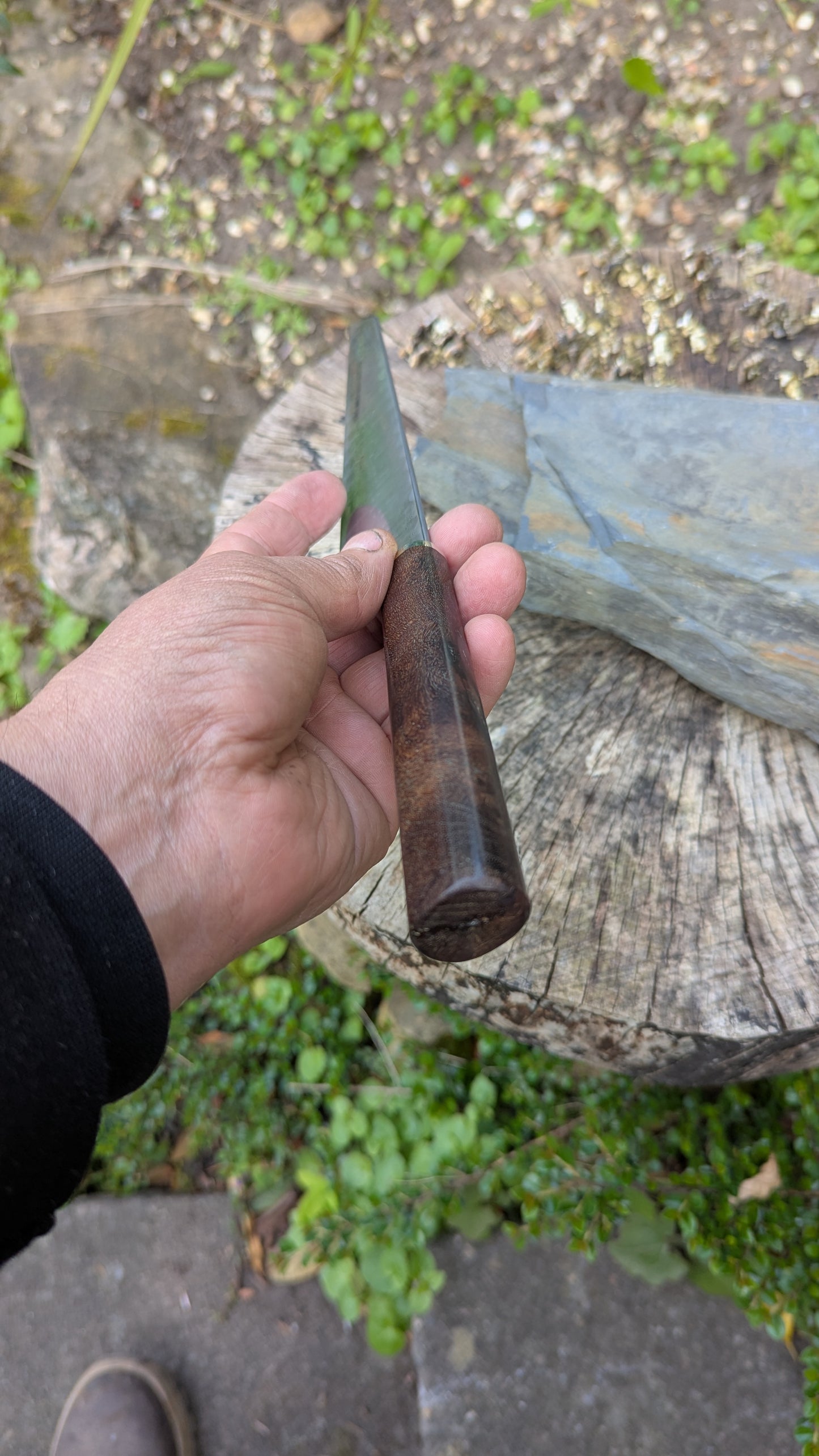 Hand Made 185mm Stainless Damascus San Mai. Burr Elm Wood Handle