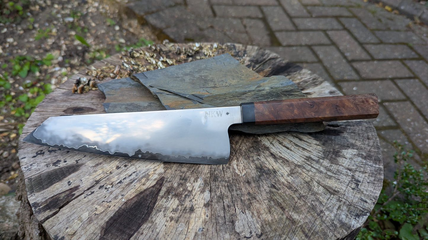 Hand Made Kiritsuke 195mm. Takefu Super Blue Stainless Clad San Mai. Elm Burl with Richlite Handle