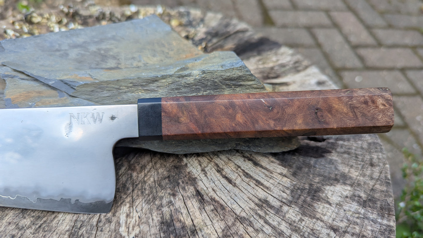 Hand Made Kiritsuke 195mm. Takefu Super Blue Stainless Clad San Mai. Elm Burl with Richlite Handle