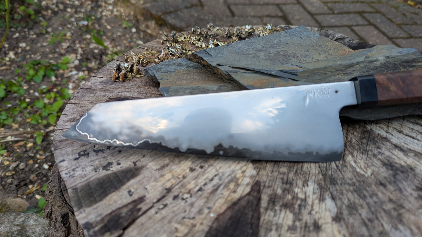Hand Made Kiritsuke 195mm. Takefu Super Blue Stainless Clad San Mai. Elm Burl with Richlite Handle