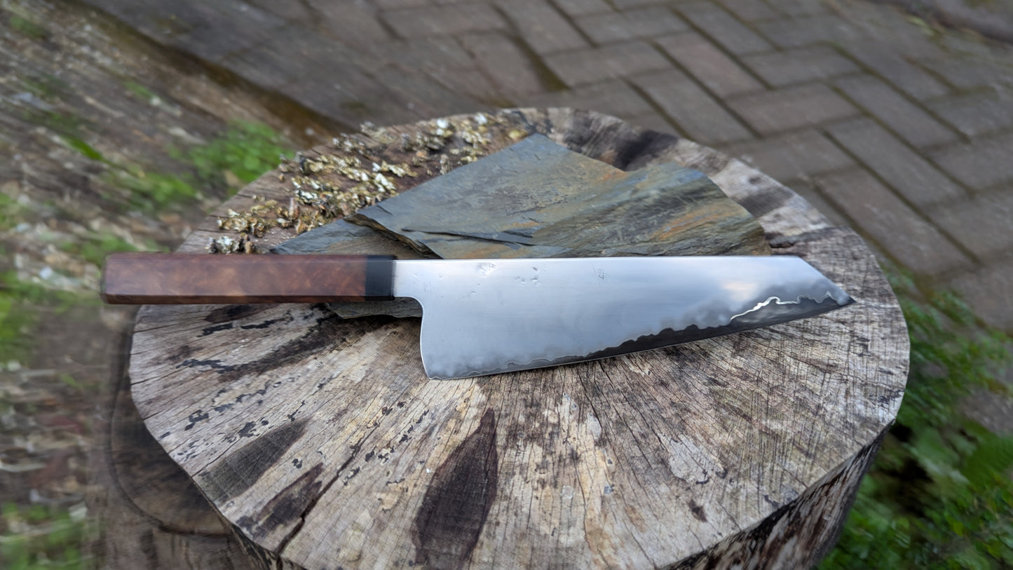 Hand Made Kiritsuke 195mm. Takefu Super Blue Stainless Clad San Mai. Elm Burl with Richlite Handle