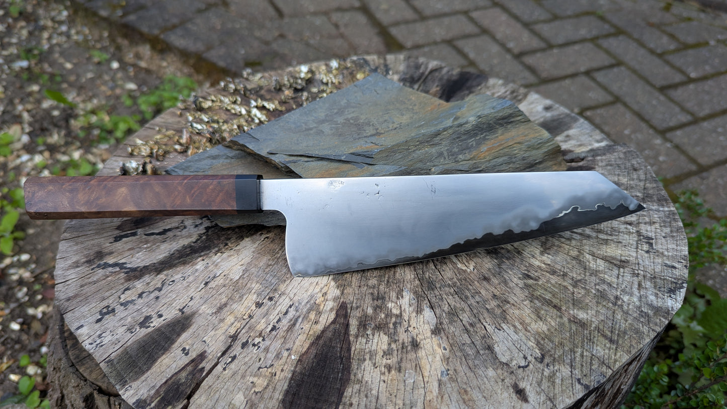Hand Made Kiritsuke 195mm. Takefu Super Blue Stainless Clad San Mai. Elm Burl with Richlite Handle
