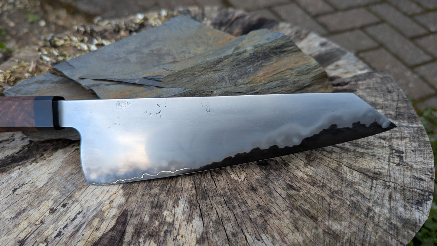Hand Made Kiritsuke 195mm. Takefu Super Blue Stainless Clad San Mai. Elm Burl with Richlite Handle