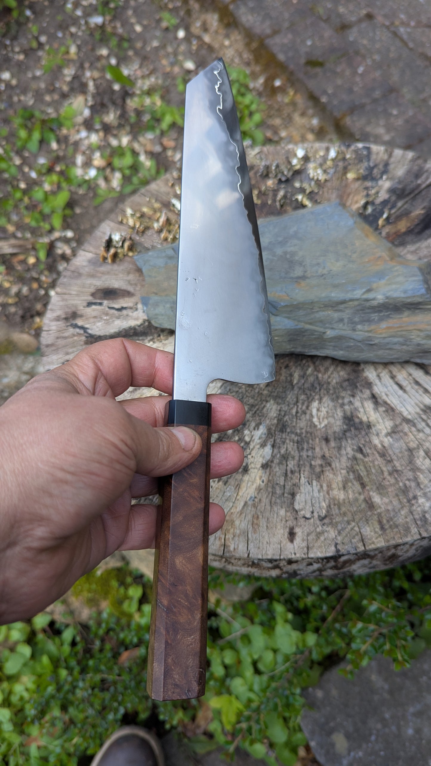 Hand Made Kiritsuke 195mm. Takefu Super Blue Stainless Clad San Mai. Elm Burl with Richlite Handle