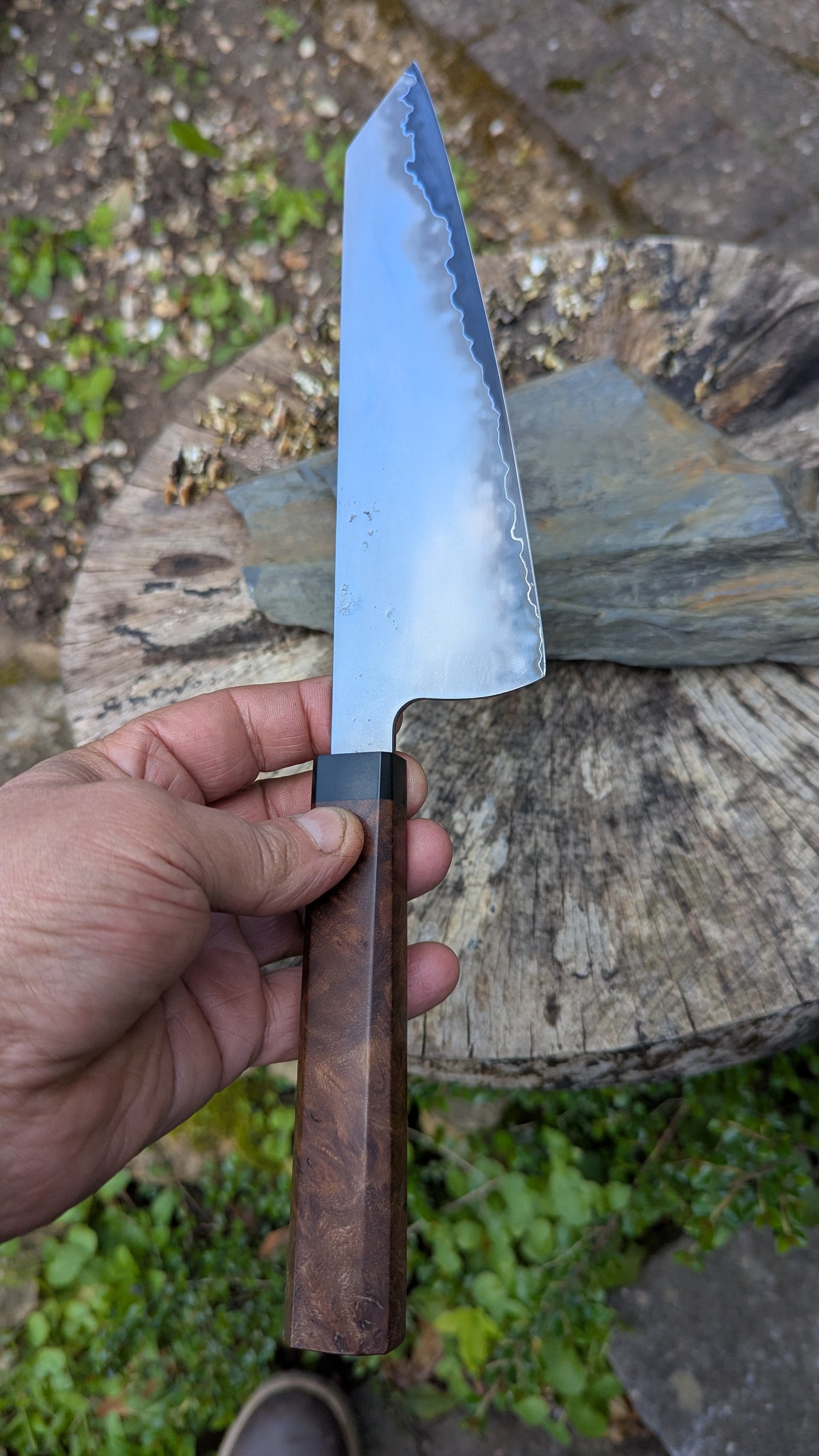 Hand Made Kiritsuke 195mm. Takefu Super Blue Stainless Clad San Mai. Elm Burl with Richlite Handle