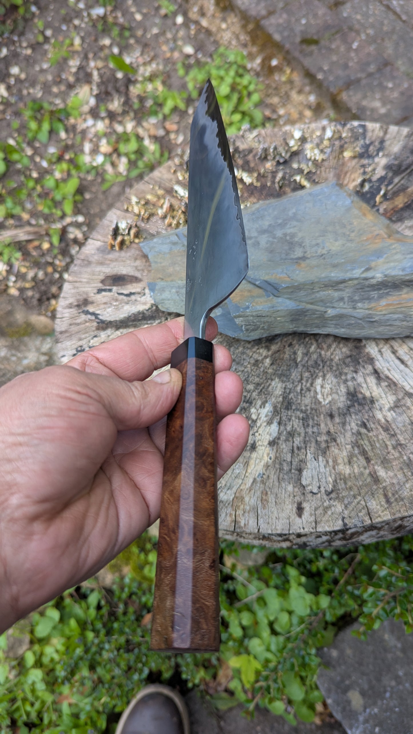 Hand Made Kiritsuke 195mm. Takefu Super Blue Stainless Clad San Mai. Elm Burl with Richlite Handle
