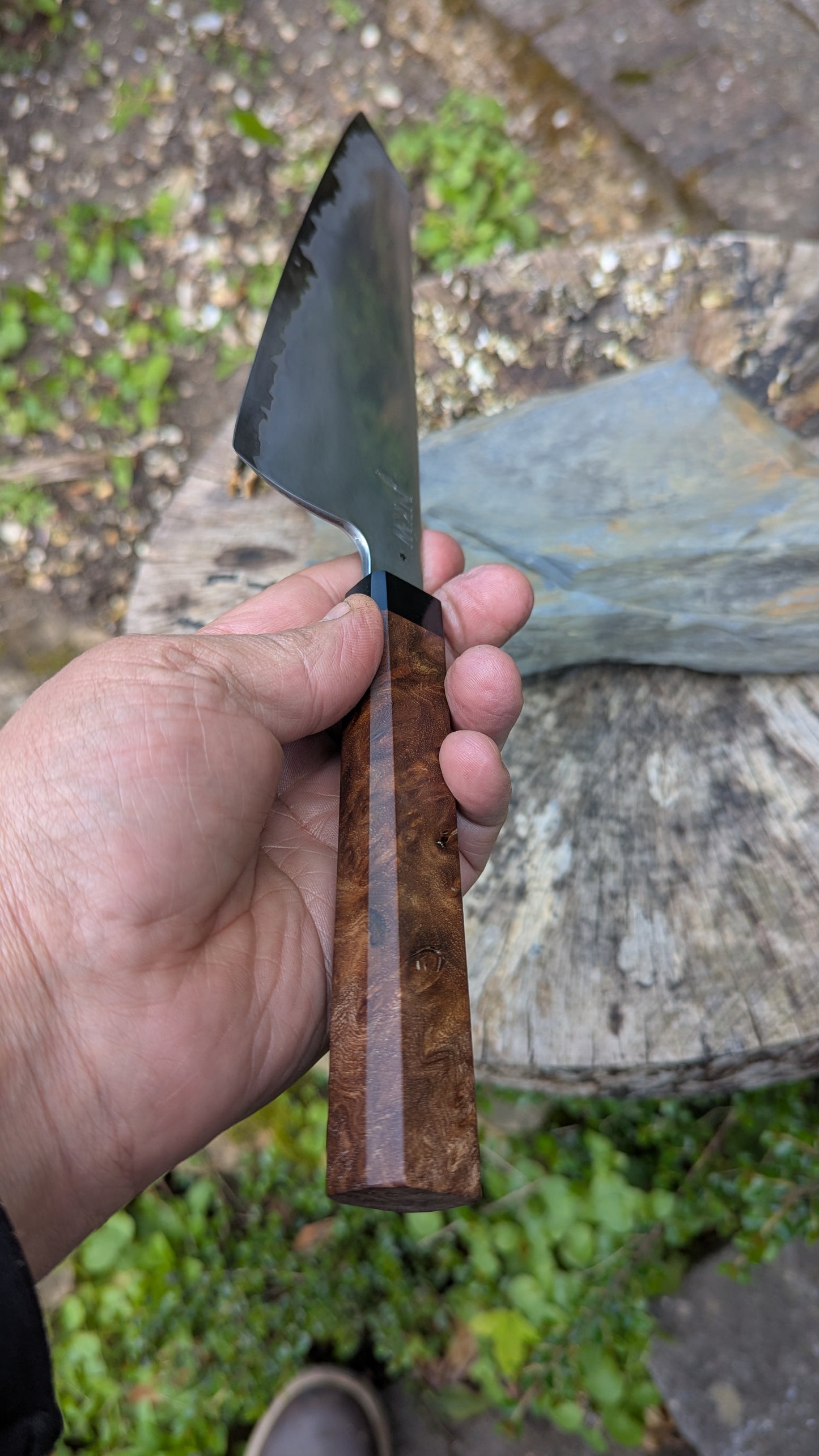 Hand Made Kiritsuke 195mm. Takefu Super Blue Stainless Clad San Mai. Elm Burl with Richlite Handle