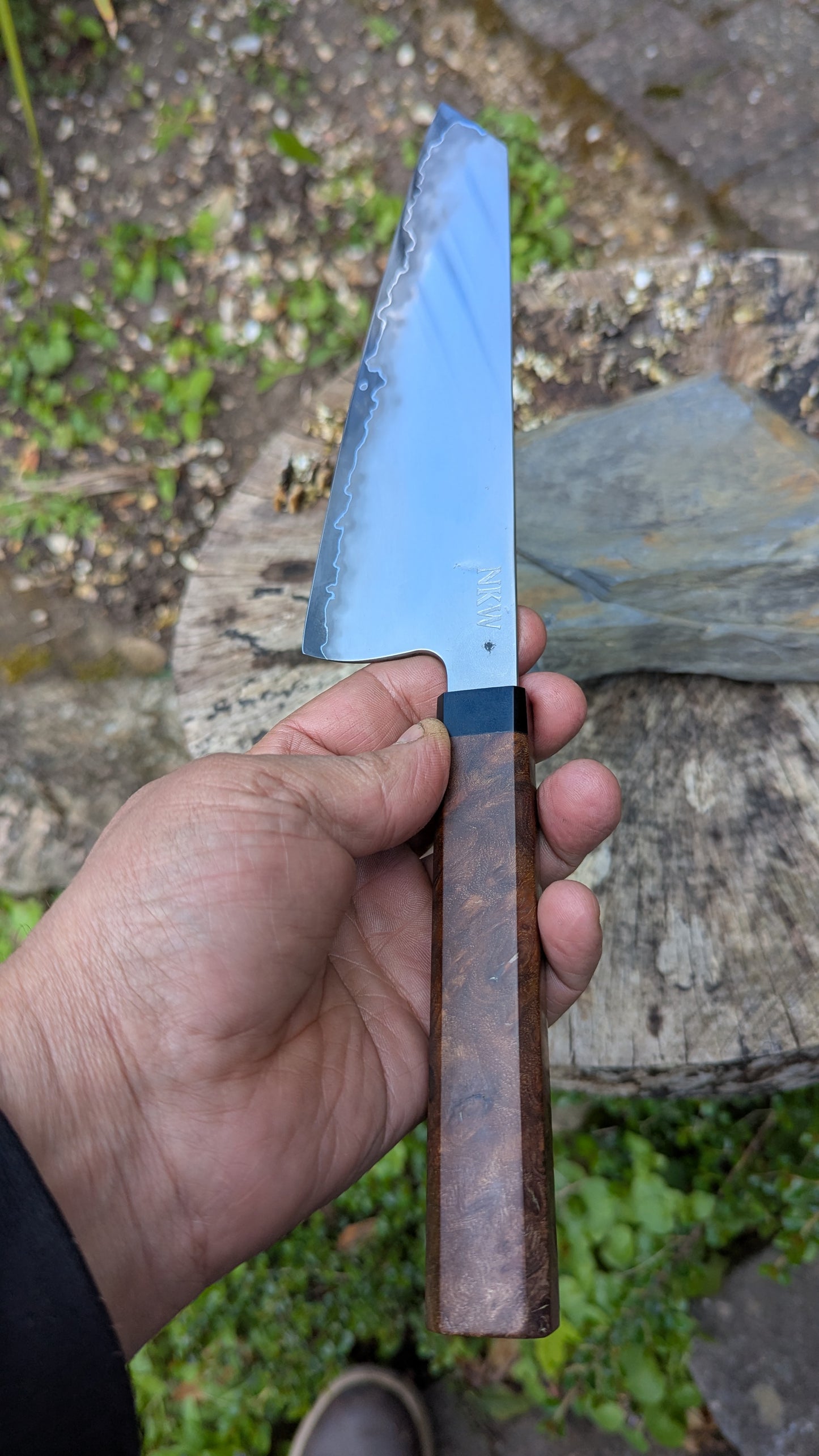Hand Made Kiritsuke 195mm. Takefu Super Blue Stainless Clad San Mai. Elm Burl with Richlite Handle