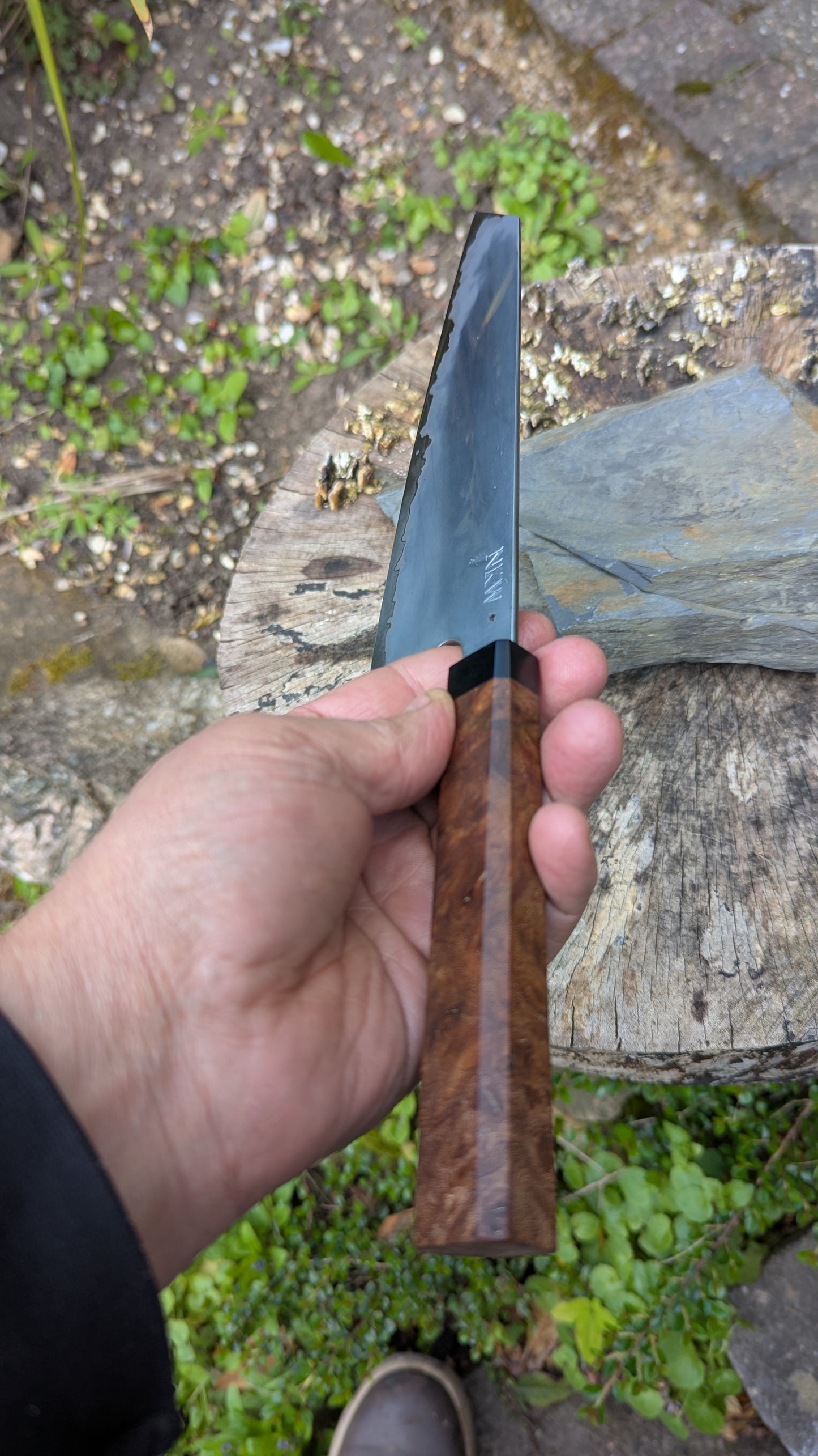 Hand Made Kiritsuke 195mm. Takefu Super Blue Stainless Clad San Mai. Elm Burl with Richlite Handle