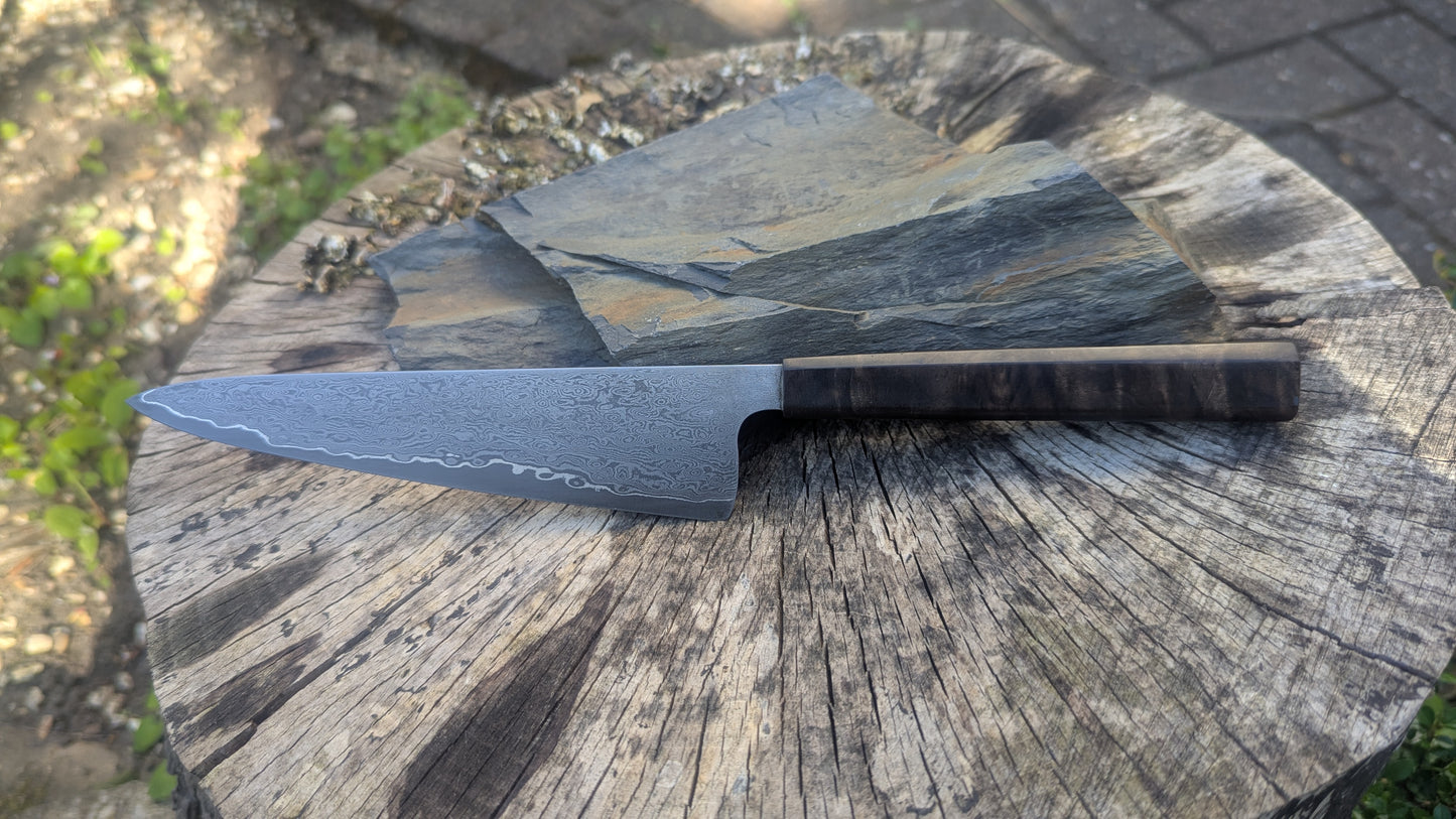 Hand Made 170mm Carbon Steel Core and  Damascus Cladding. Walnut Burl Handle