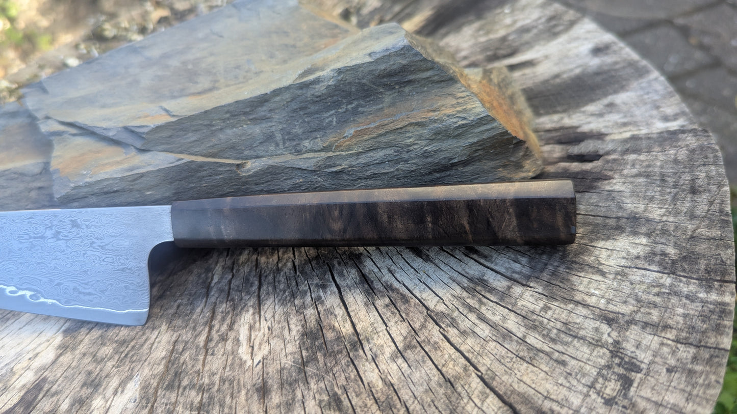 Hand Made 170mm Carbon Steel Core and  Damascus Cladding. Walnut Burl Handle
