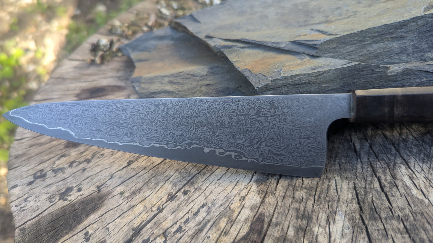 Hand Made 170mm Carbon Steel Core and  Damascus Cladding. Walnut Burl Handle