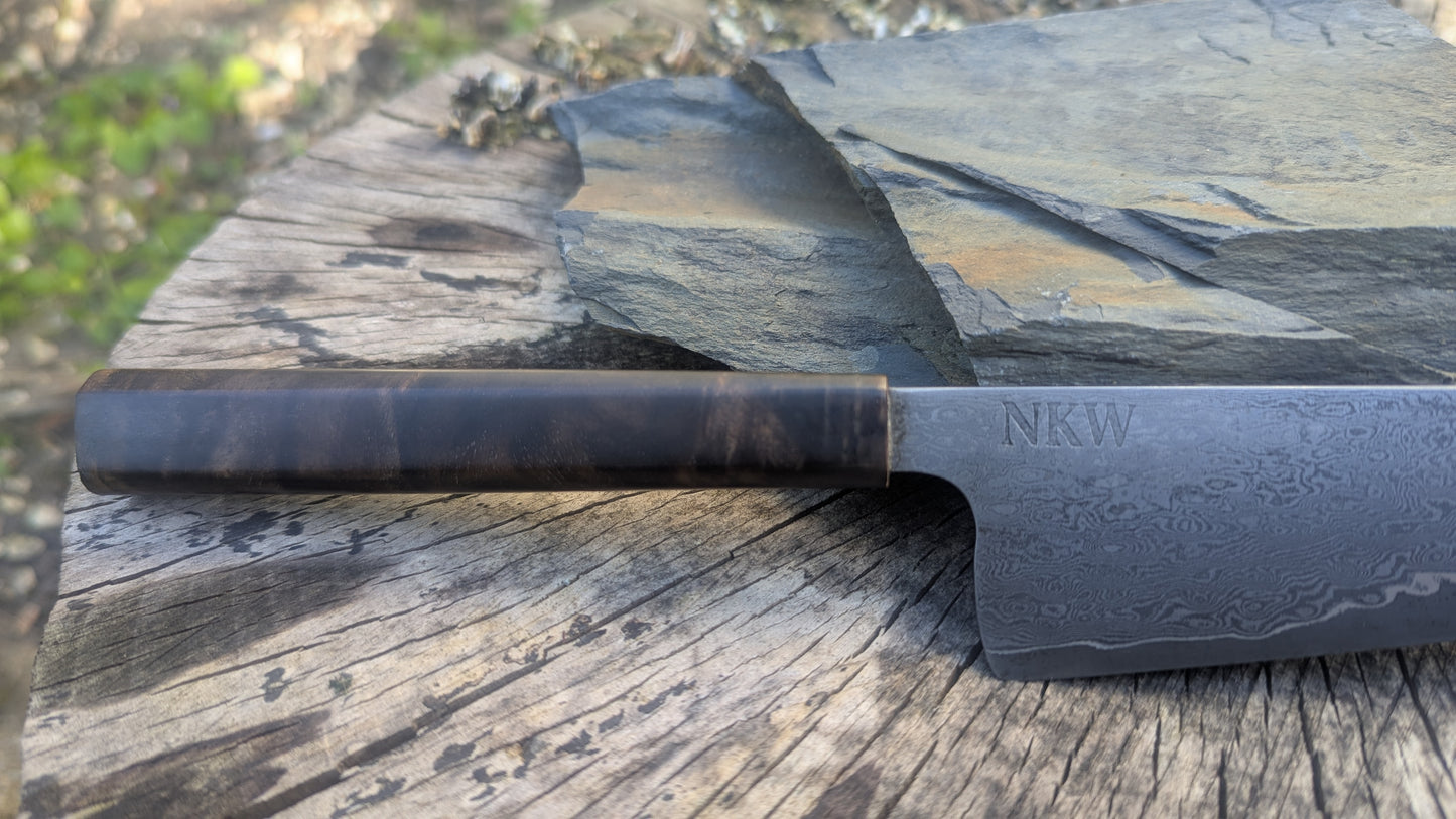 Hand Made 170mm Carbon Steel Core and  Damascus Cladding. Walnut Burl Handle