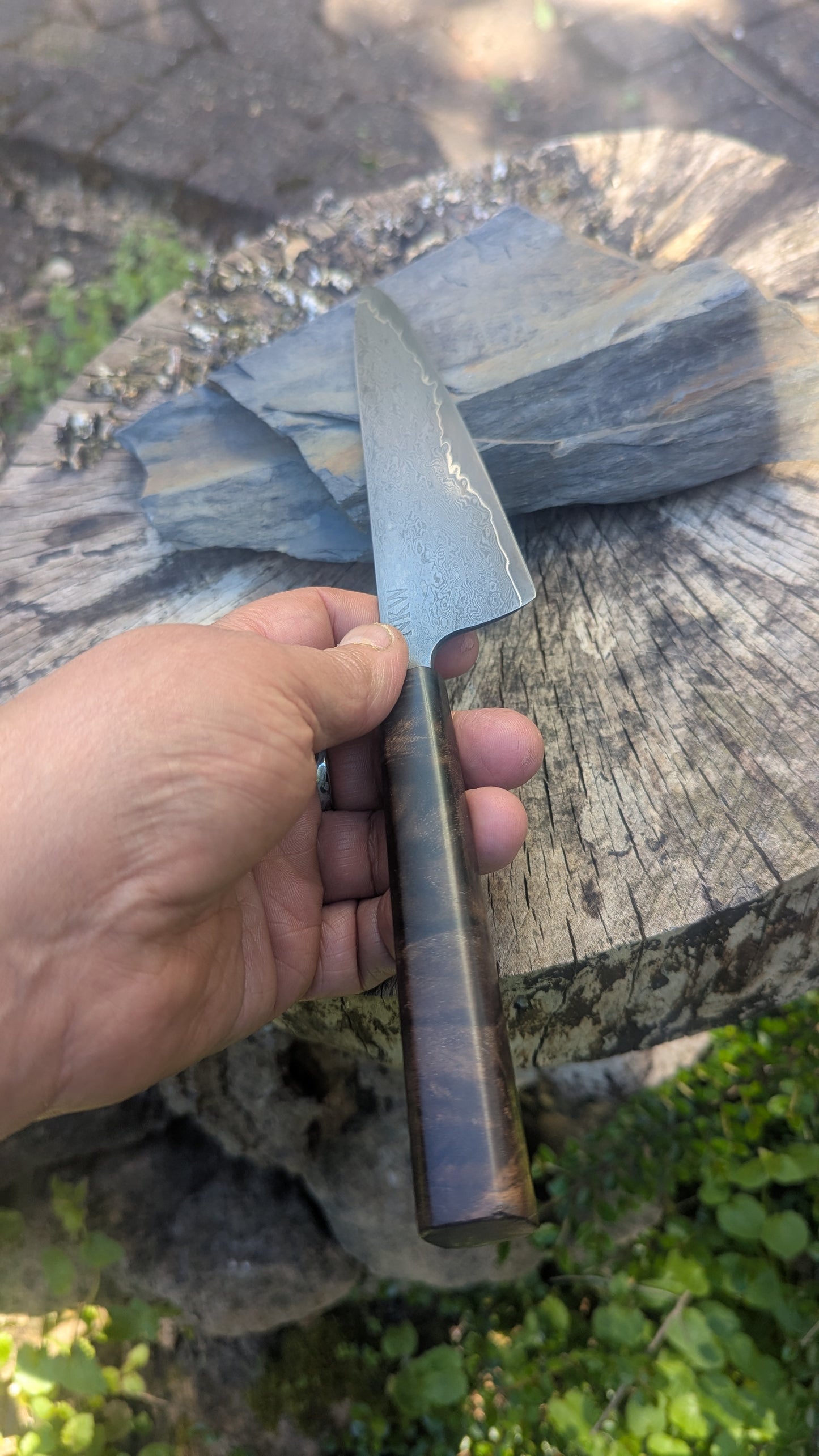 Hand Made 170mm Carbon Steel Core and  Damascus Cladding. Walnut Burl Handle