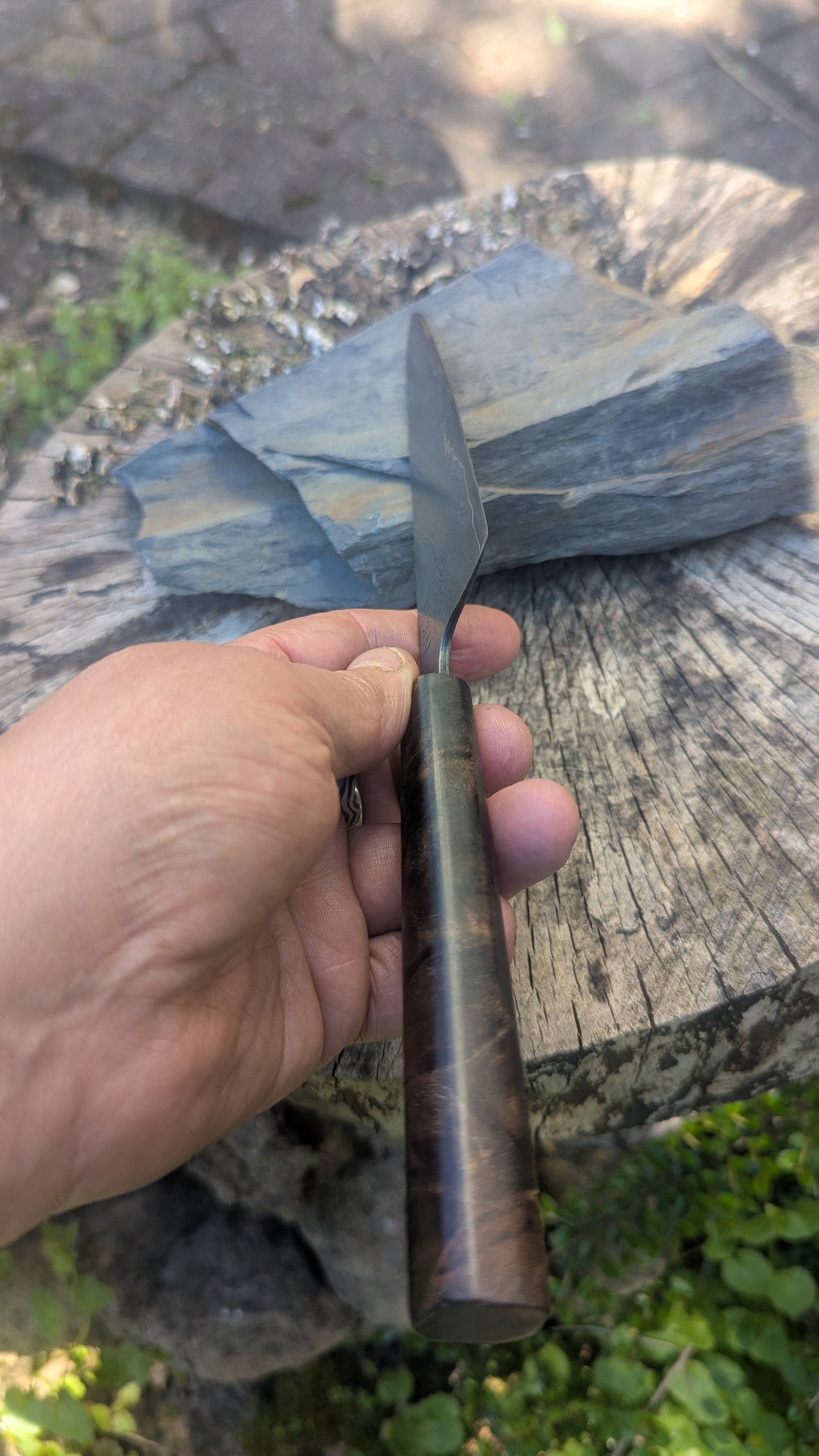 Hand Made 170mm Carbon Steel Core and  Damascus Cladding. Walnut Burl Handle