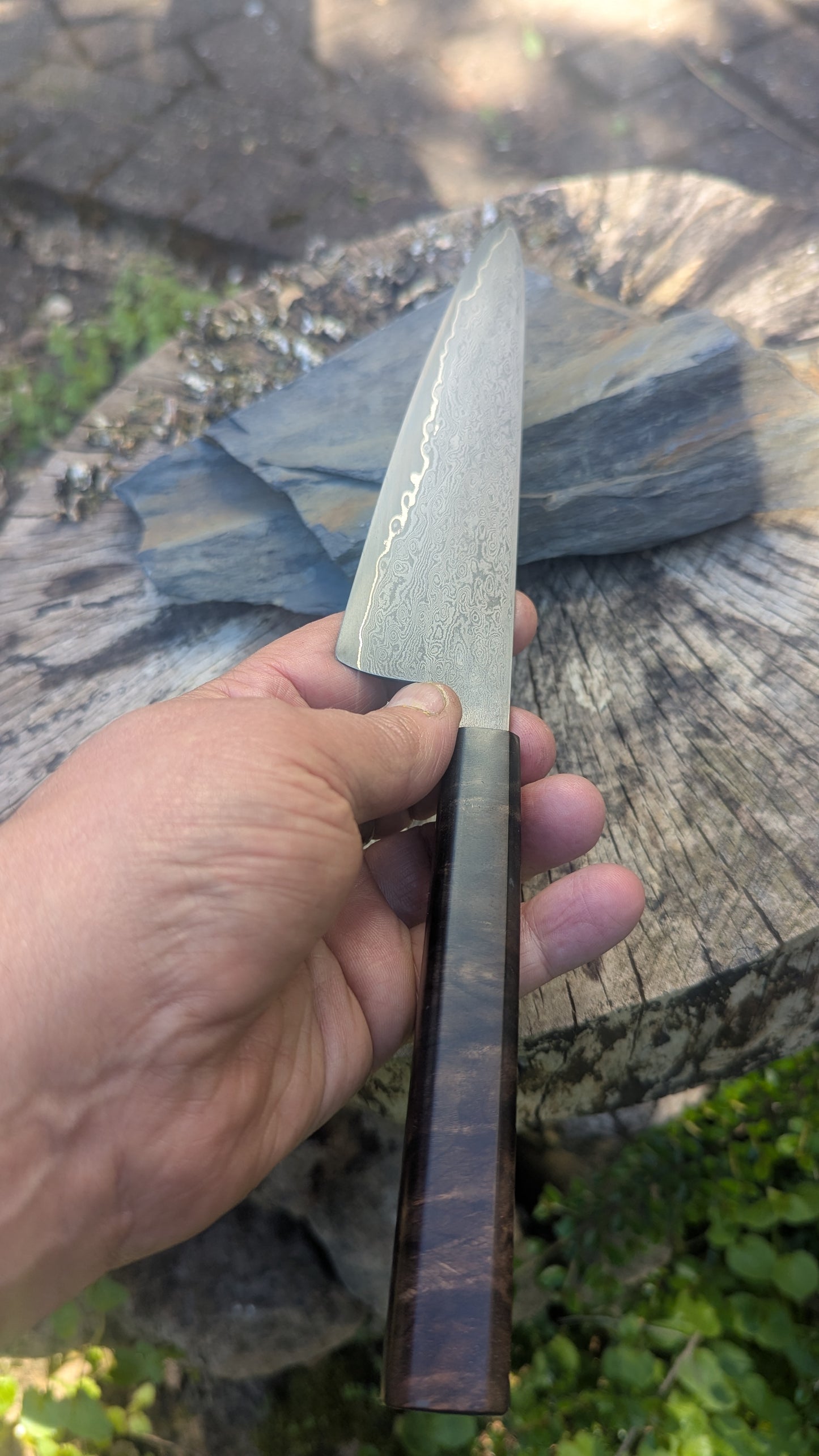 Hand Made 170mm Carbon Steel Core and  Damascus Cladding. Walnut Burl Handle
