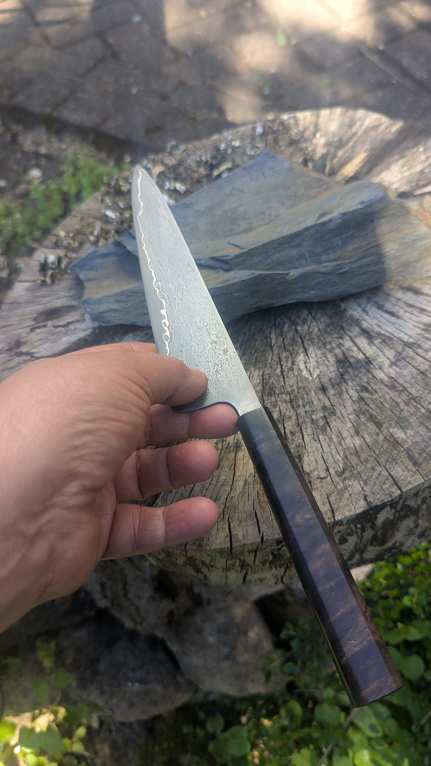 Hand Made 170mm Carbon Steel Core and  Damascus Cladding. Walnut Burl Handle
