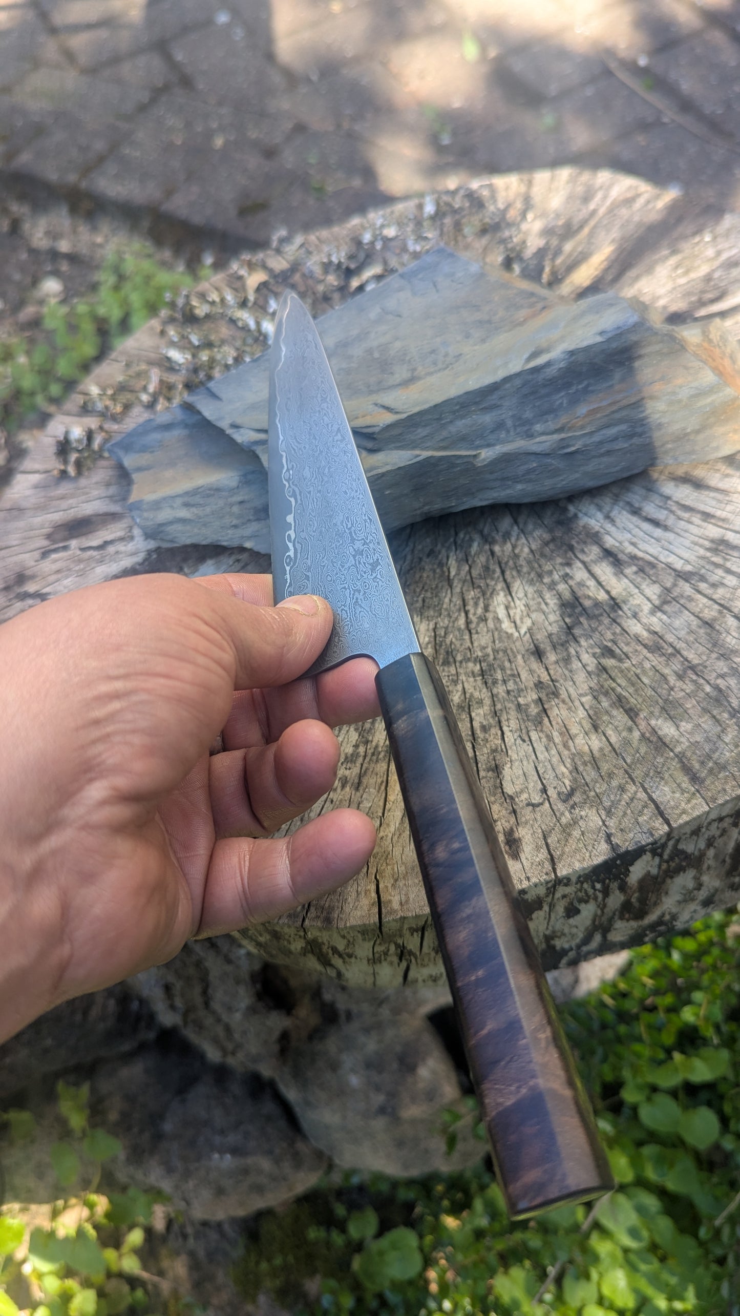 Hand Made 170mm Carbon Steel Core and  Damascus Cladding. Walnut Burl Handle