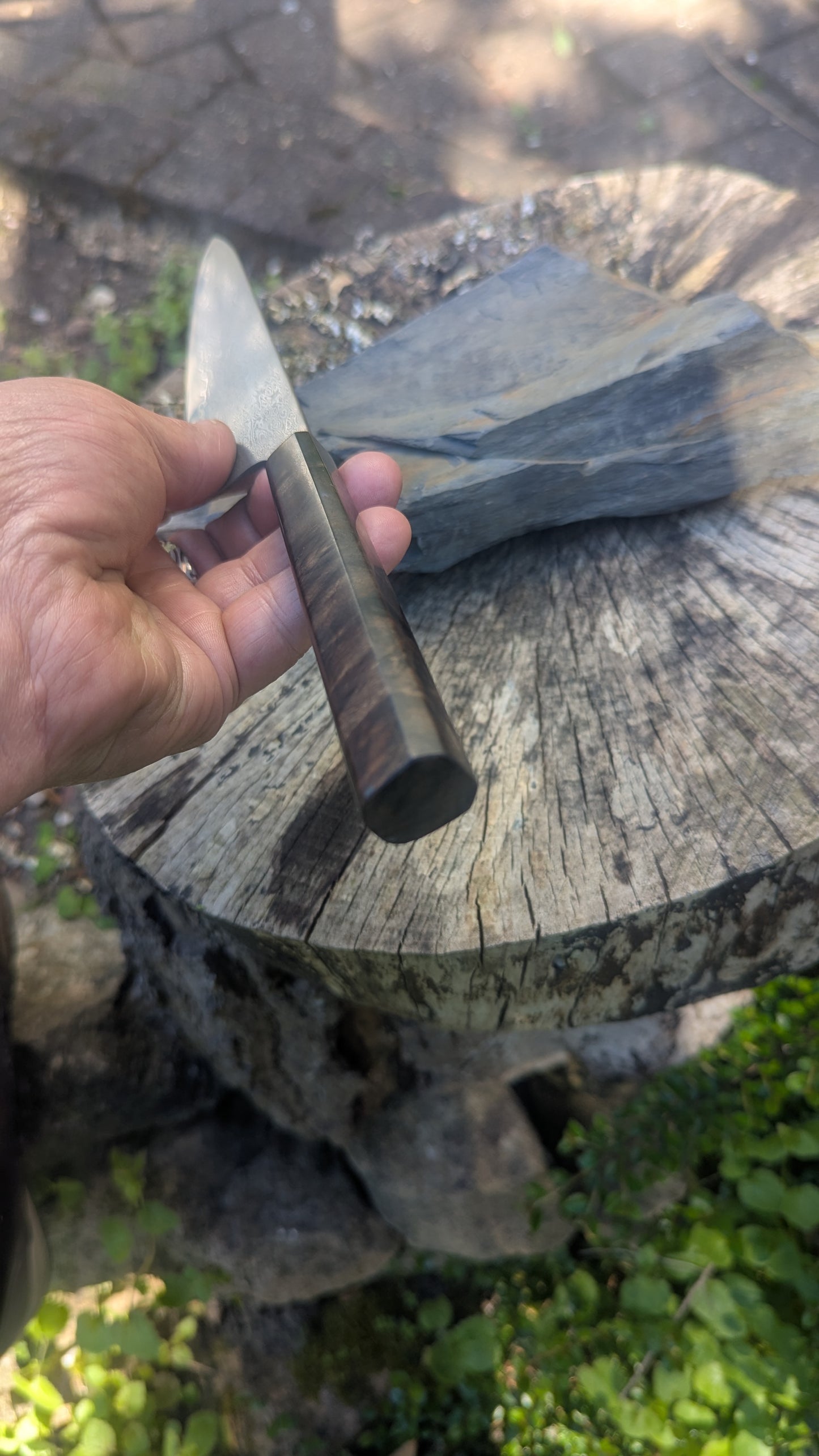 Hand Made 170mm Carbon Steel Core and  Damascus Cladding. Walnut Burl Handle