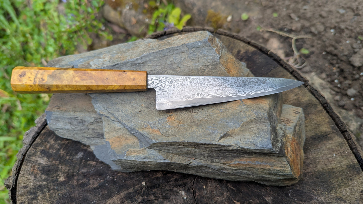 Hand Forged 125mm Petty. 80CRV2 San-Mai, 60 layers Damascus. Ash Burl Handle