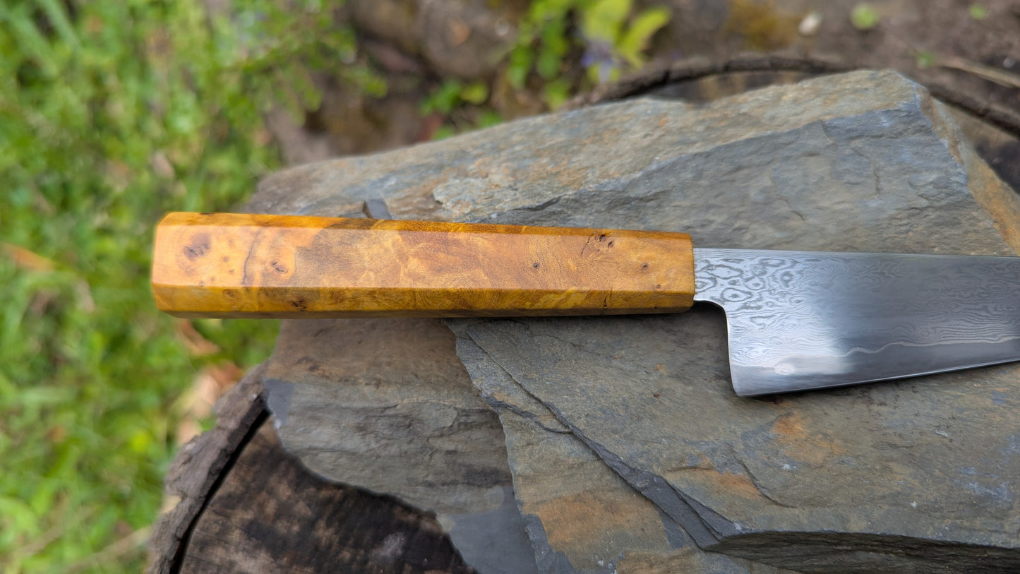 Hand Forged 125mm Petty. 80CRV2 San-Mai, 60 layers Damascus. Ash Burl Handle
