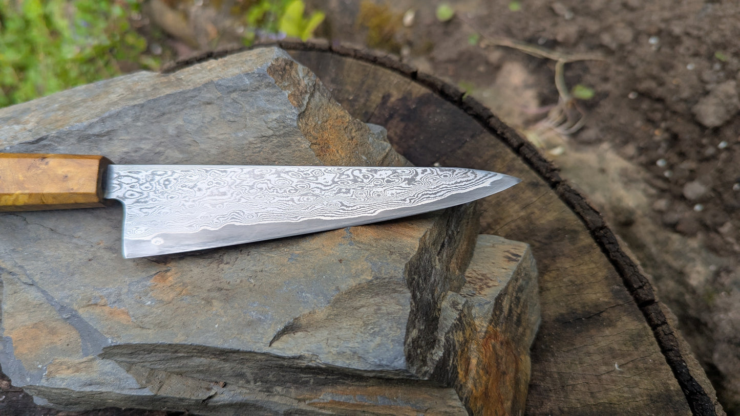 Hand Forged 125mm Petty. 80CRV2 San-Mai, 60 layers Damascus. Ash Burl Handle