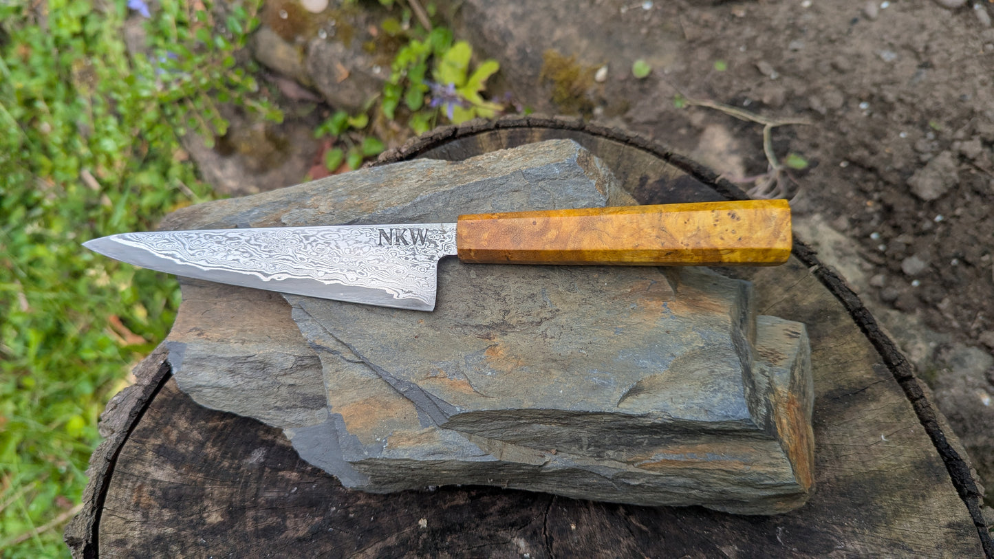 Hand Forged 125mm Petty. 80CRV2 San-Mai, 60 layers Damascus. Ash Burl Handle