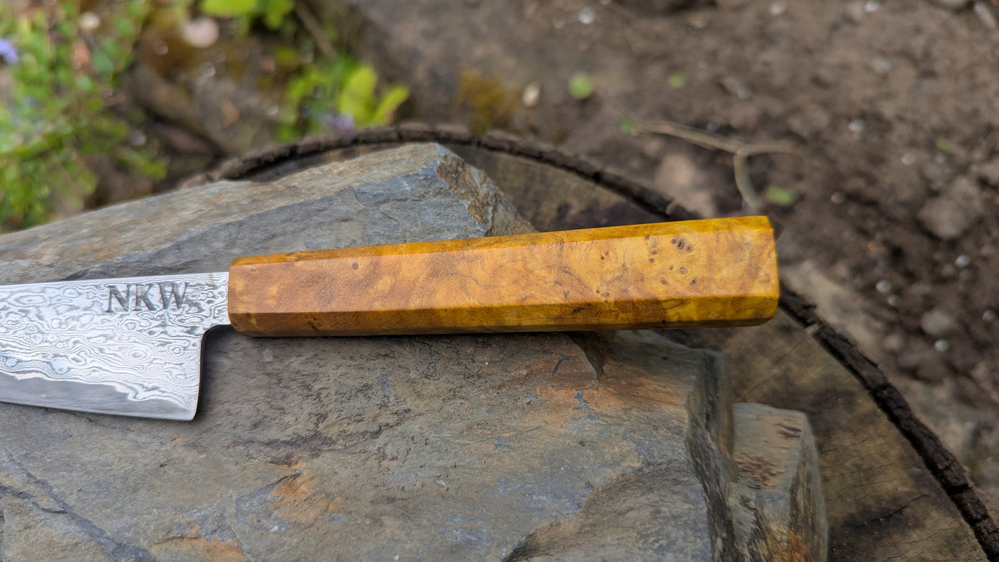 Hand Forged 125mm Petty. 80CRV2 San-Mai, 60 layers Damascus. Ash Burl Handle