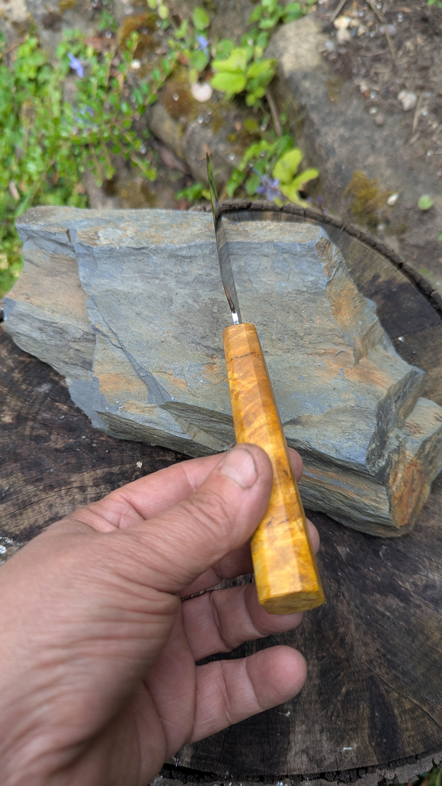 Hand Forged 125mm Petty. 80CRV2 San-Mai, 60 layers Damascus. Ash Burl Handle