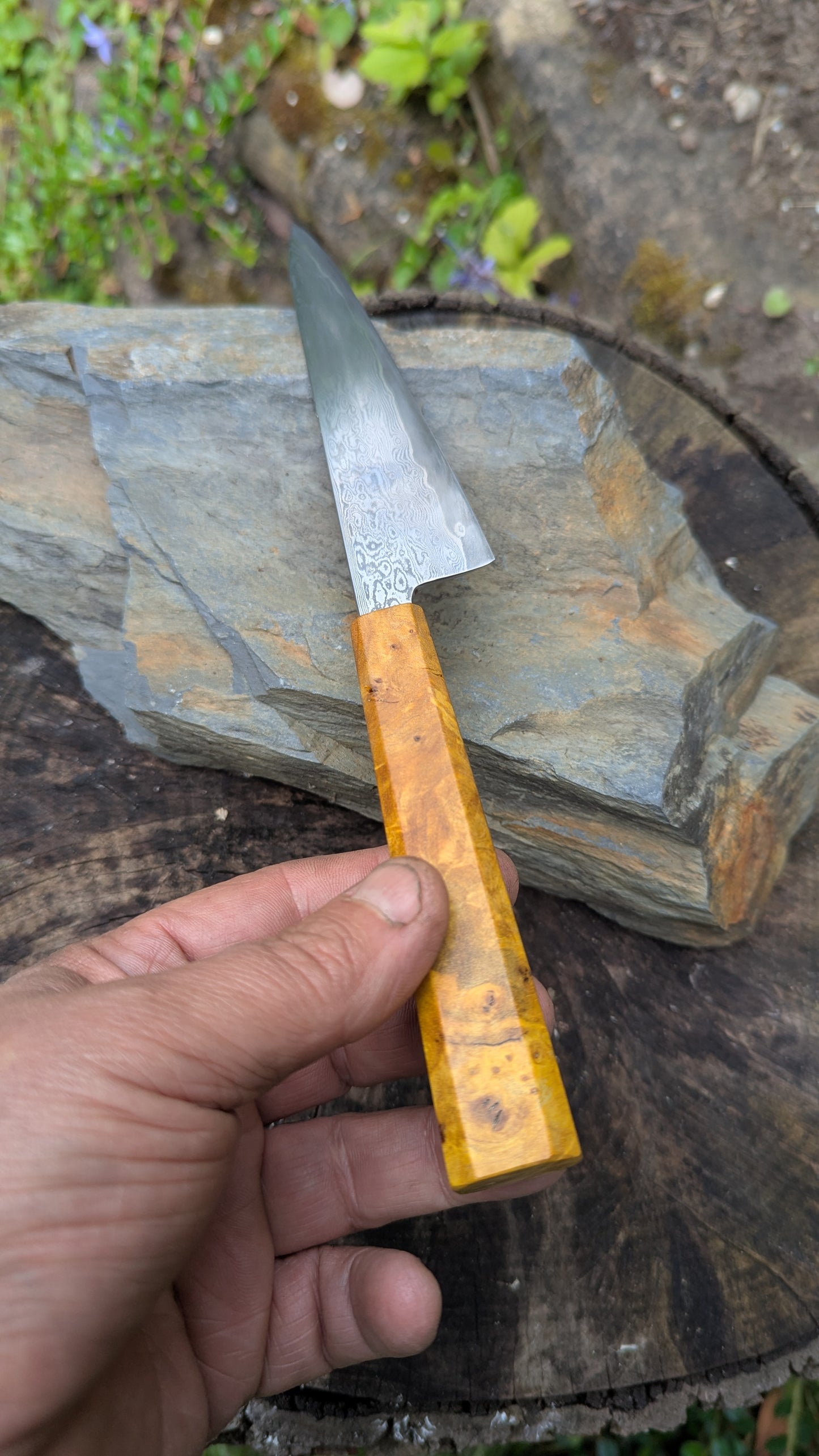 Hand Forged 125mm Petty. 80CRV2 San-Mai, 60 layers Damascus. Ash Burl Handle