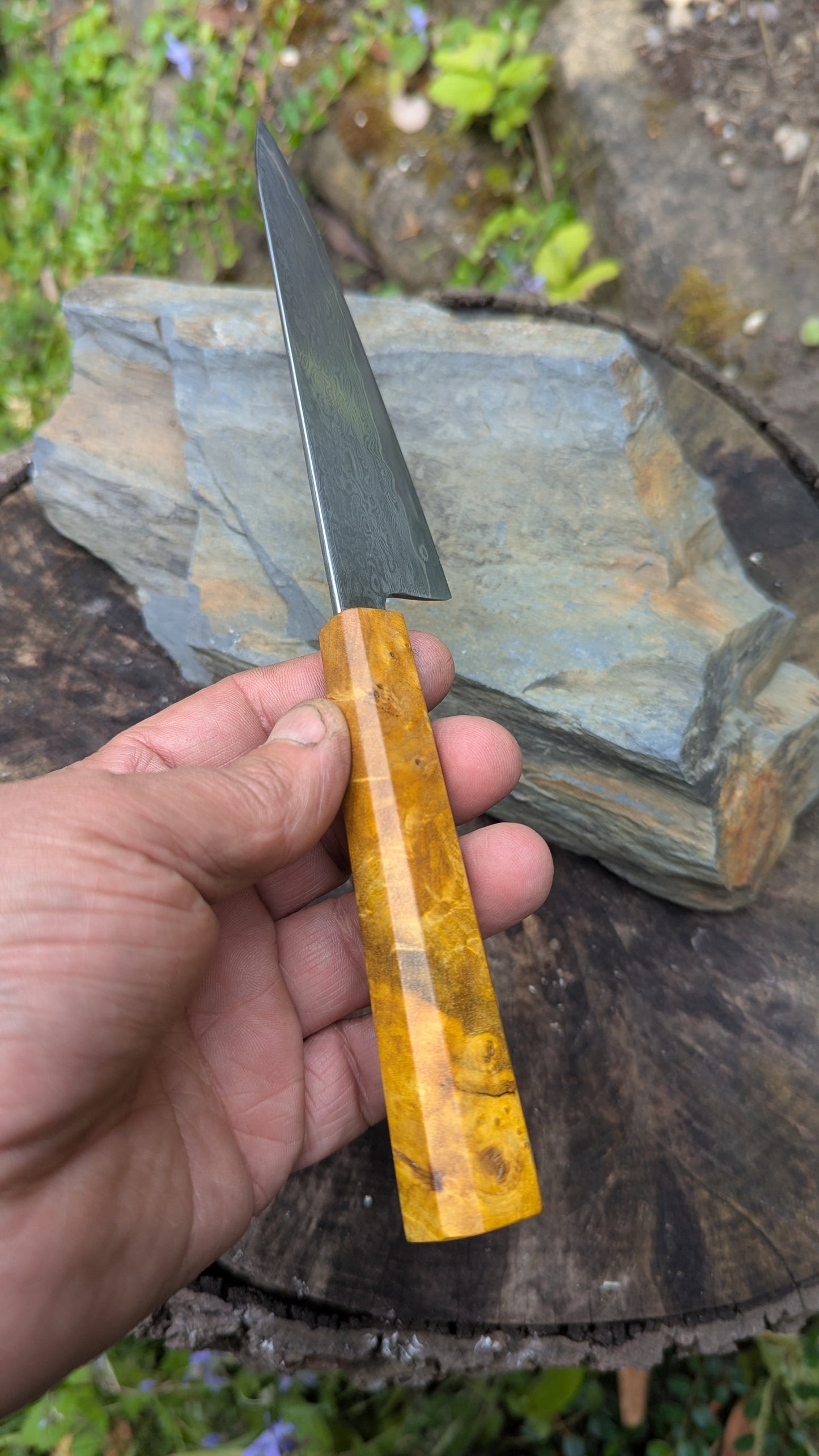 Hand Forged 125mm Petty. 80CRV2 San-Mai, 60 layers Damascus. Ash Burl Handle