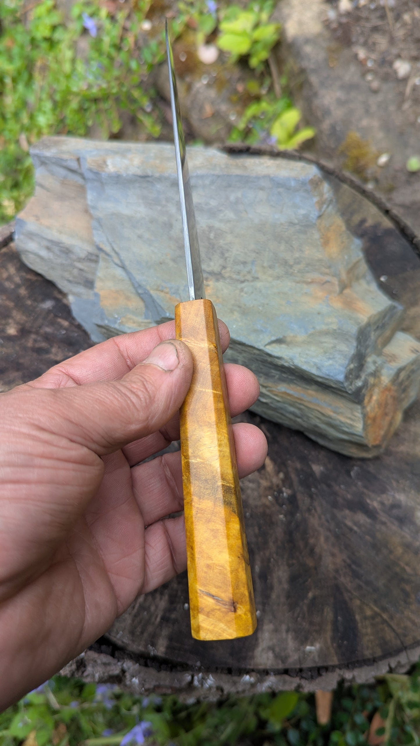 Hand Forged 125mm Petty. 80CRV2 San-Mai, 60 layers Damascus. Ash Burl Handle