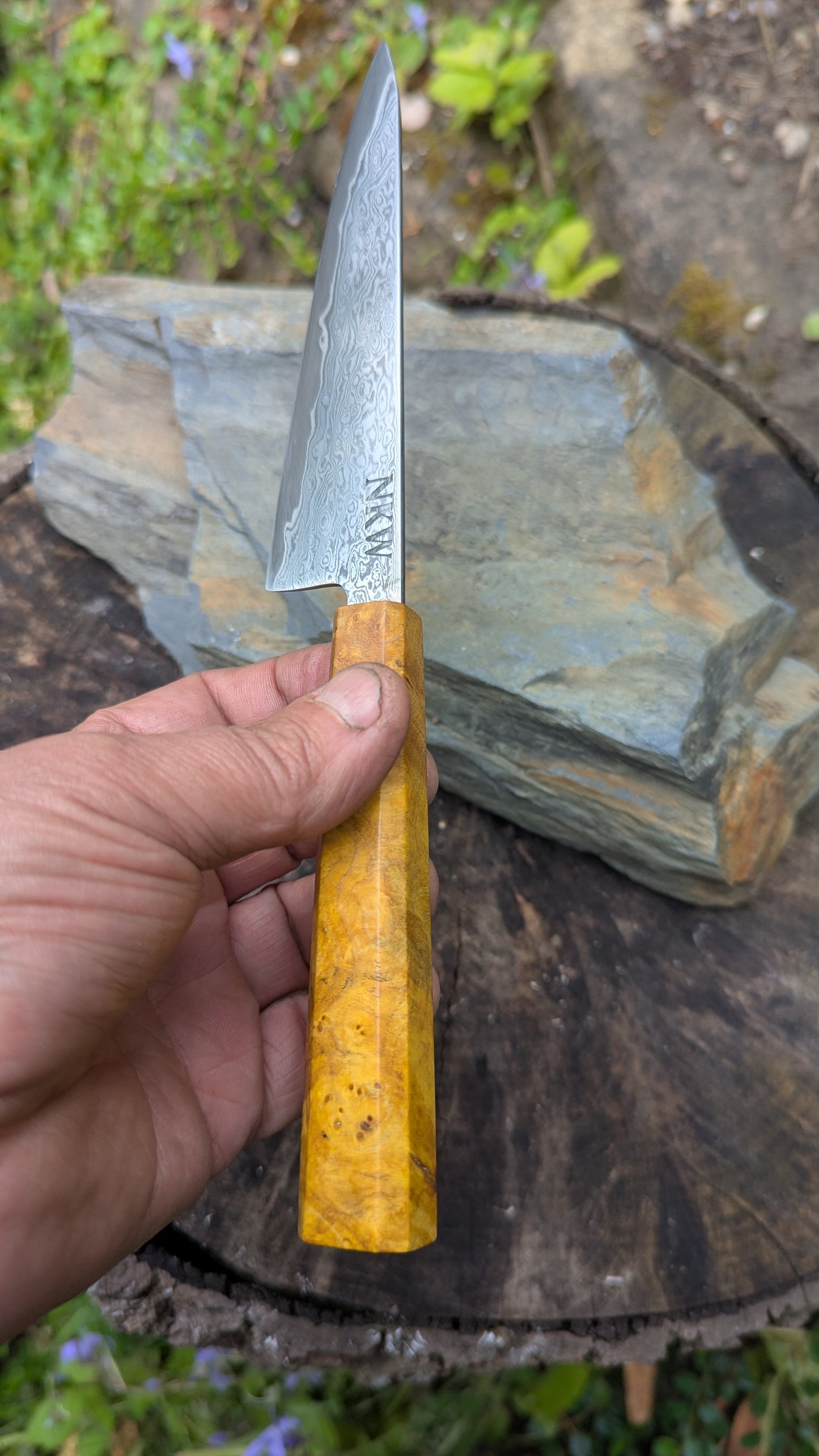 Hand Forged 125mm Petty. 80CRV2 San-Mai, 60 layers Damascus. Ash Burl Handle